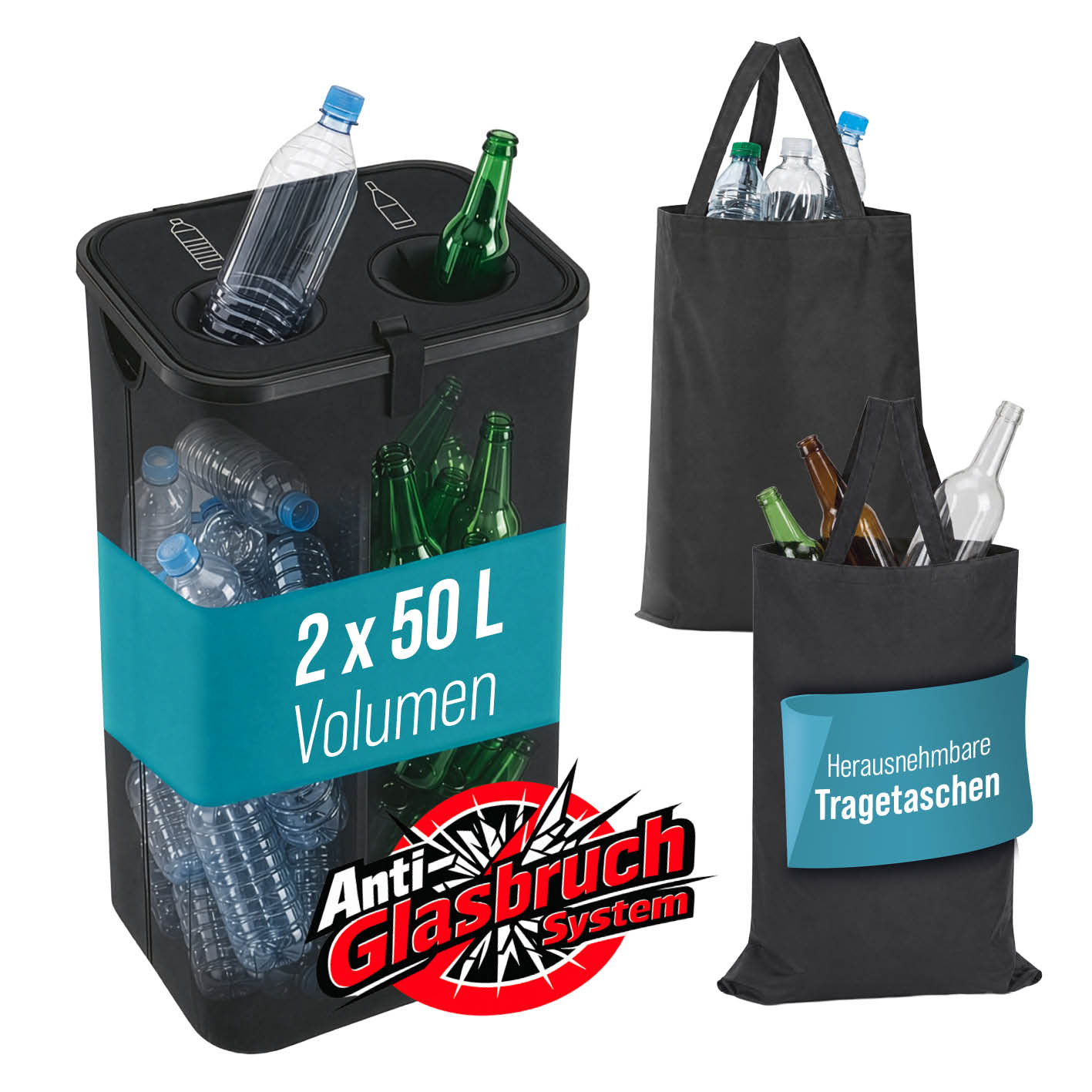 2in1 Glas- & Pfandflaschen-Sammelbehälter