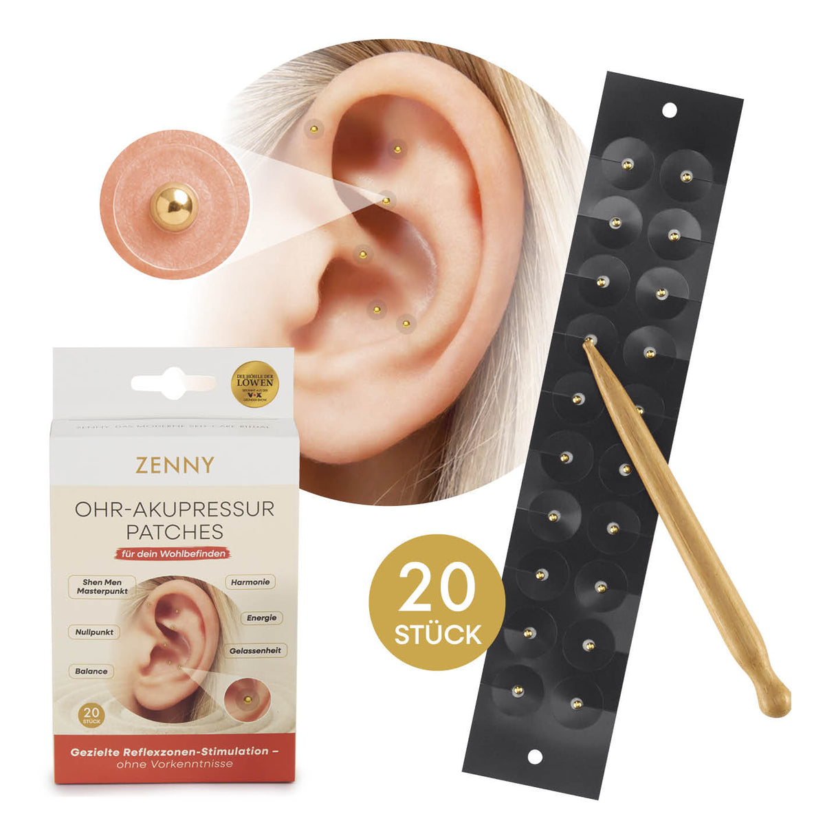 Ohr-Akupressur Set - 20 Patches mit Ohrpflastern, Verpackung und Holzstift für die Ohrakupressur