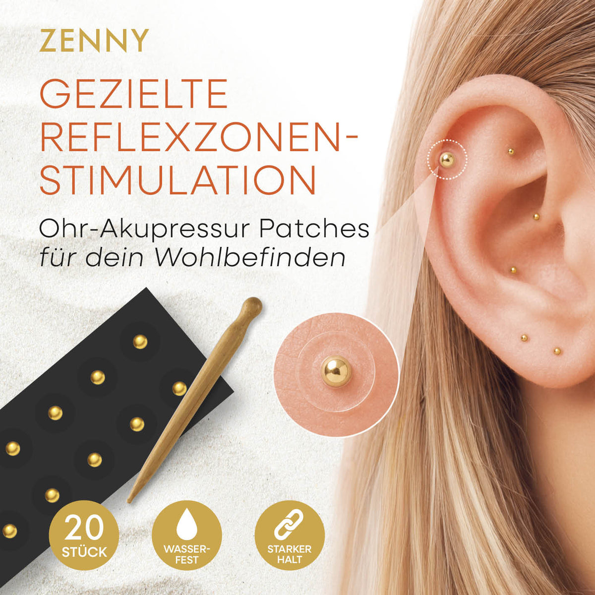 Ohr-Akupressur Set - 20 Patches mit goldfarbenen Akupressurkügelchen für gezielte Reflexzonen-Stimulation am Ohr