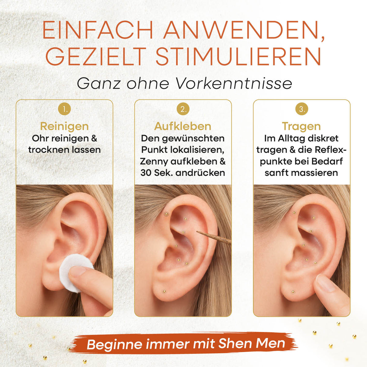 Ohr-Akupressur Set - 20 Patches als Anwendungsgrafik mit drei Schritten zum Reinigen Aufkleben und Tragen am Ohr