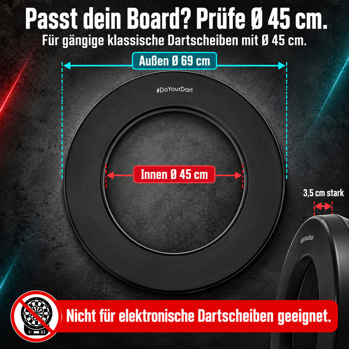 Maßgrafik: Premium-Dartscheiben-Surround - 12 cm breit - Innendurchmesser 45 cm mit Außendurchmesser 69 cm, 3,5 cm stark