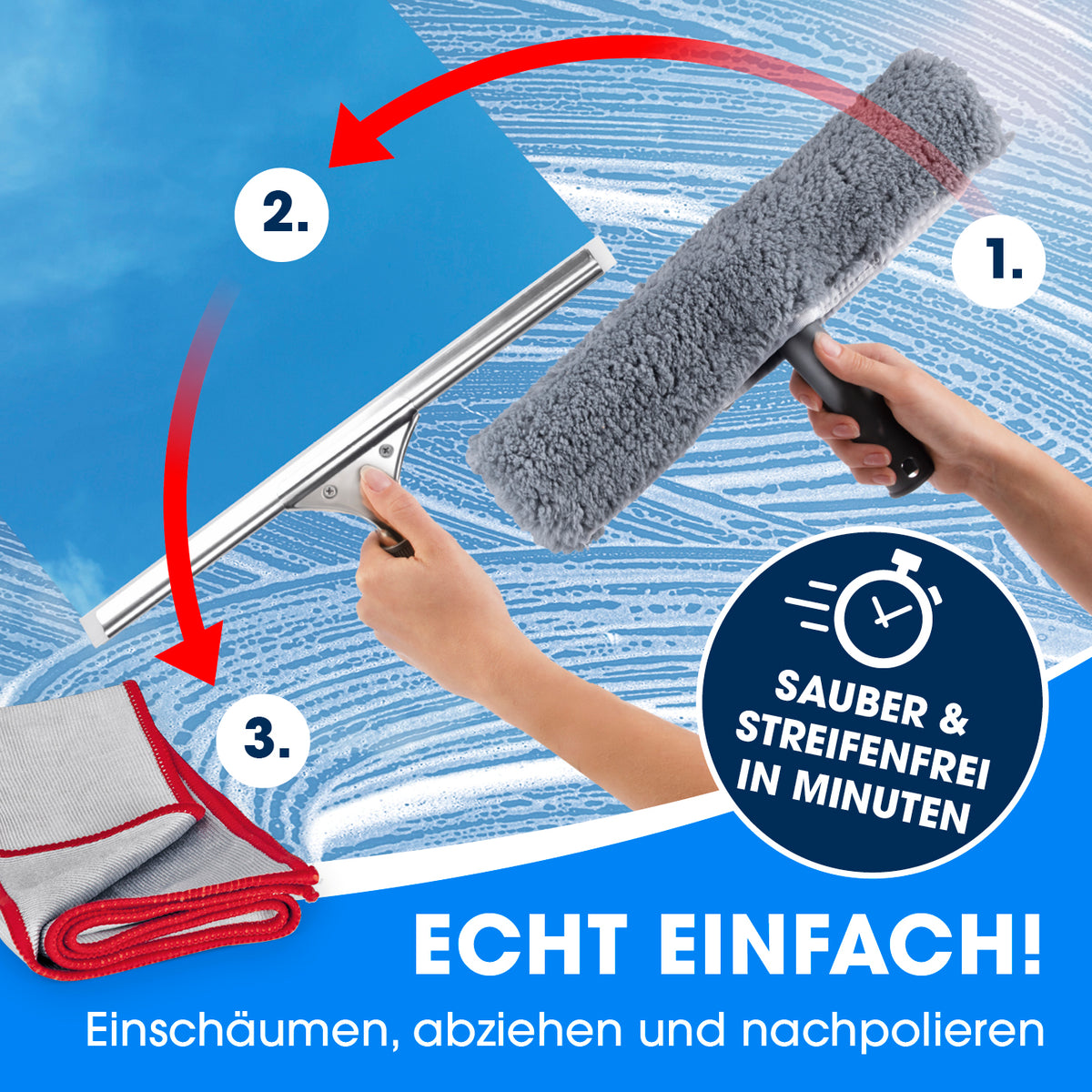 Anwendung des Fensterreiniger-Set Professional - 14-tlg. - Grau/Rot: einseifen, abziehen und nachpolieren