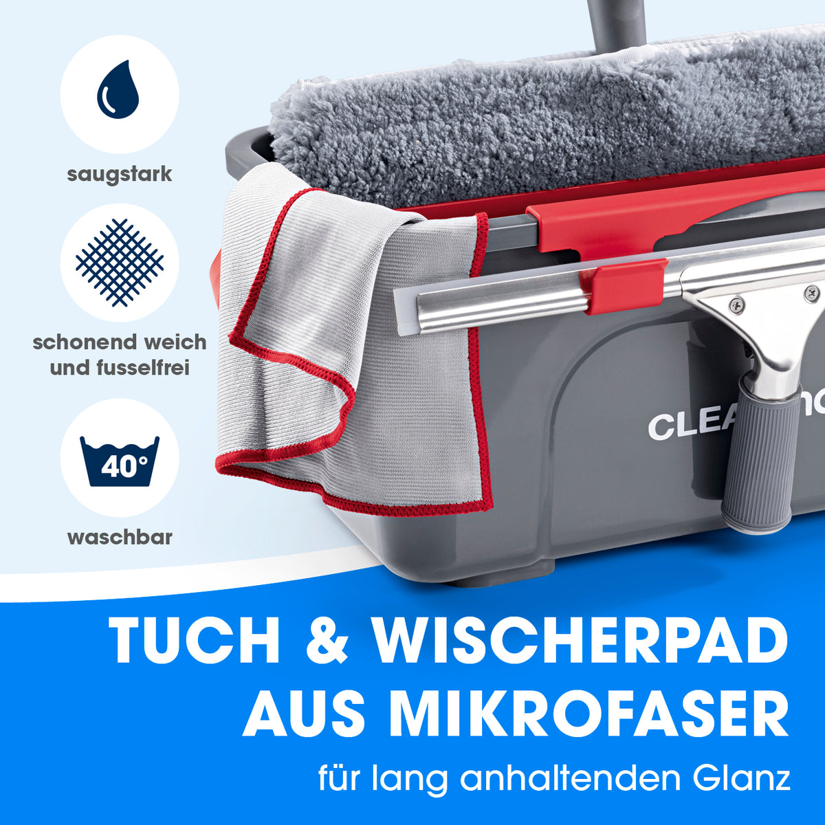 Fensterreiniger-Set Professional - 14-tlg. - Grau/Rot mit saugstarkem Mikrofaser-Wischpad