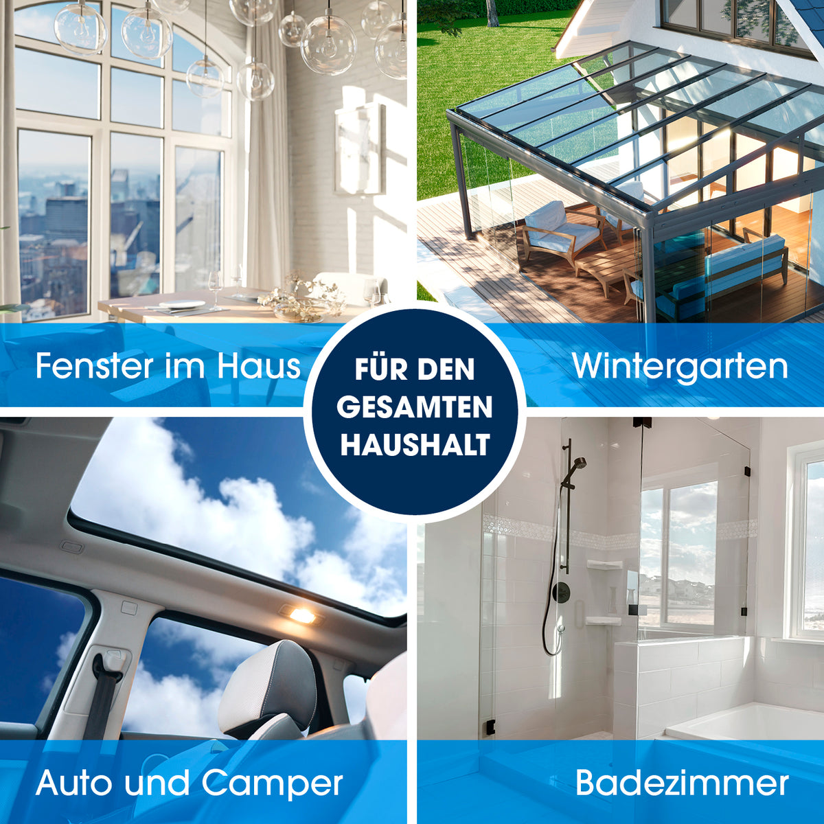Einsatzbereiche Fensterreiniger-Set Professional - 14-tlg. - Grau/Rot für Fenster, Wintergarten, Auto, Camper und Badezimmer