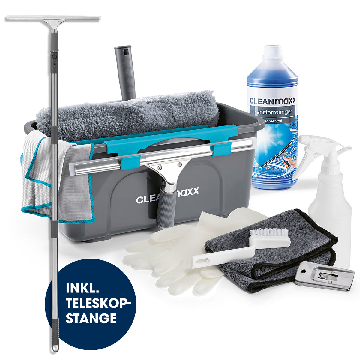 Fensterreiniger-Set Professional - 14-tlg. - Grau/Blau mit Eimer, Abzieher, Einwascher, Teleskopstange und Zubehör