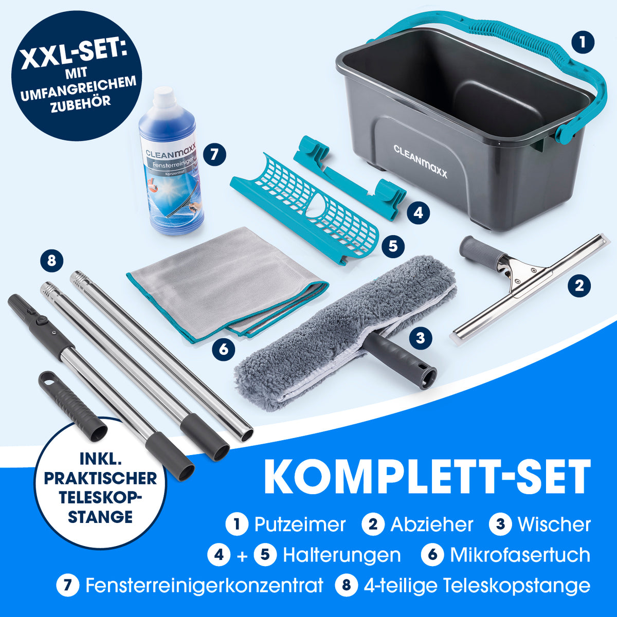 Fensterreiniger-Set Professional - 14-tlg. - Grau/Blau mit Putzeimer Abzieher Wischer Teleskopstange und Zubehör