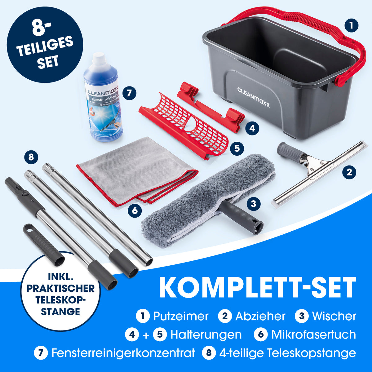 Fensterreiniger-Set - 8-tlg. - Grau/Rot mit Putzeimer Abzieher Wischer und Teleskopstange