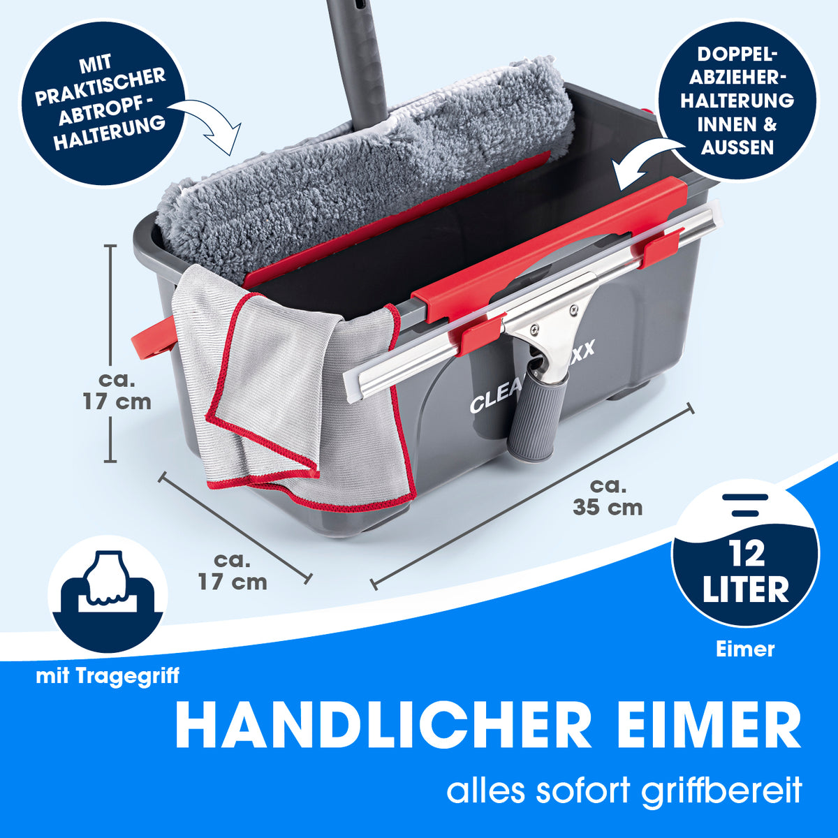 Infografik zum Fensterreiniger-Set - 8-tlg. - Grau/Rot mit Eimer, Wischer und Tuch, ca. 35 x 17 x 17 cm, 12 Liter