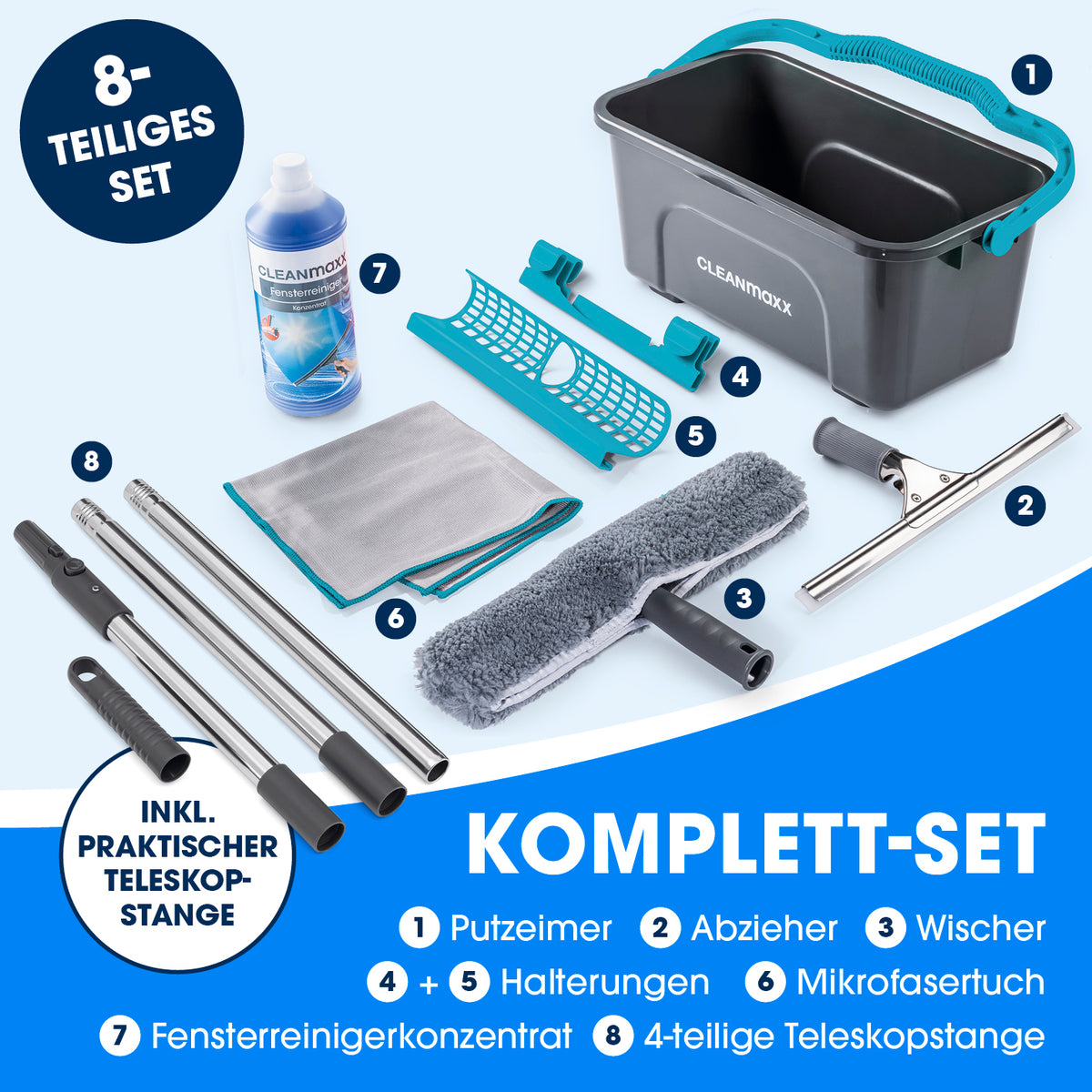 Fensterreiniger-Set - 8-tlg. - Grau/Blau mit Putzeimer Abzieher Wischer Mikrofasertuch und Teleskopstange