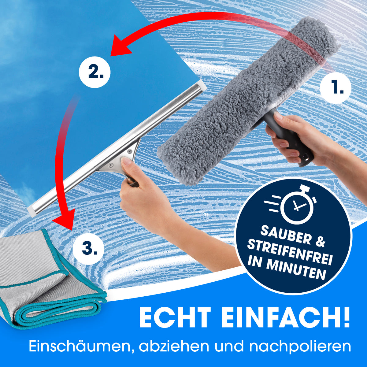 Fensterreiniger-Set - 8-tlg. - Grau/Blau als Anwendungsinfografik zum Einschäumen, Abziehen und Nachpolieren