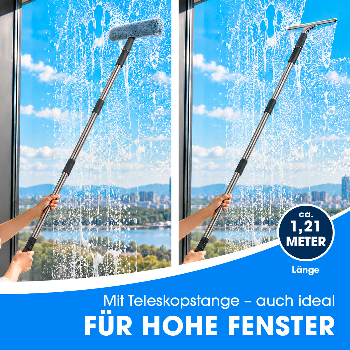 Fensterreiniger-Set - 8-tlg. - Grau/Blau mit Teleskopstange für hohe Fenster ca. 1,21 Meter Länge