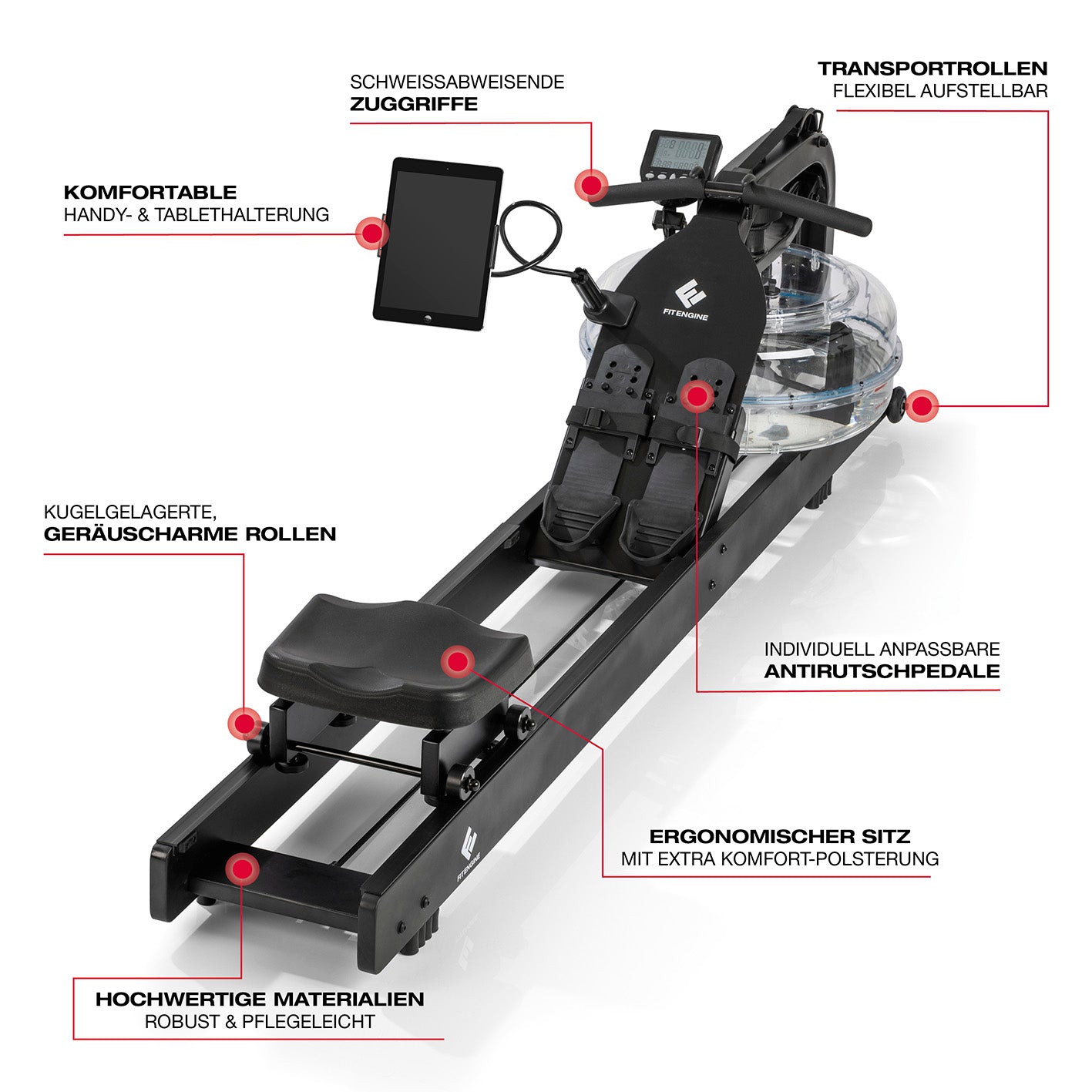 Wasser-Rudergerät Smart - schwarz mit ergonomischem Sitz, Antirutschpedale, Transportrollen und kompatibel für Trainings-Apps zuhause.