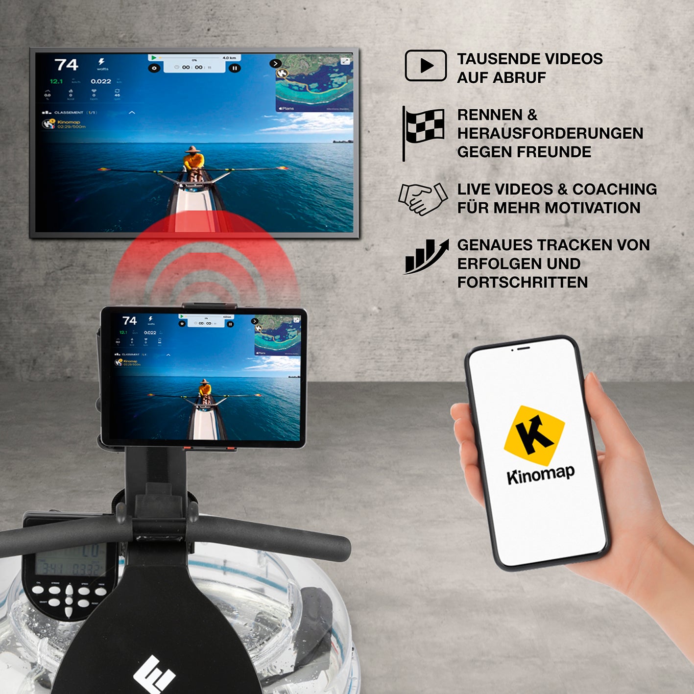 Wasser-Rudergerät Smart - schwarz mit Kinomap App für virtuelles Training, Video-Coaching und Fortschritts-Tracking zuhause im Home-Gym.