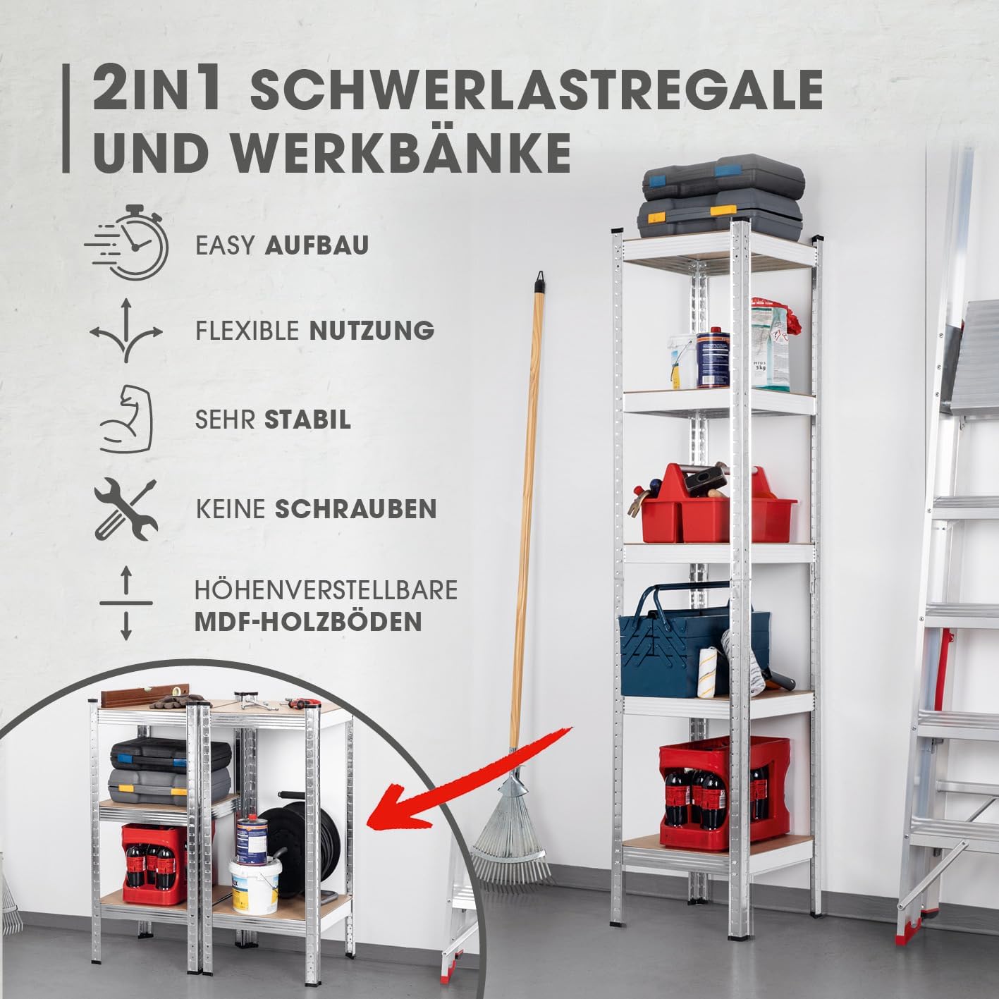 2 in 1 Schwerlastregal & Werkbank Bis zu 175 kg Tragkraft je Regalboden