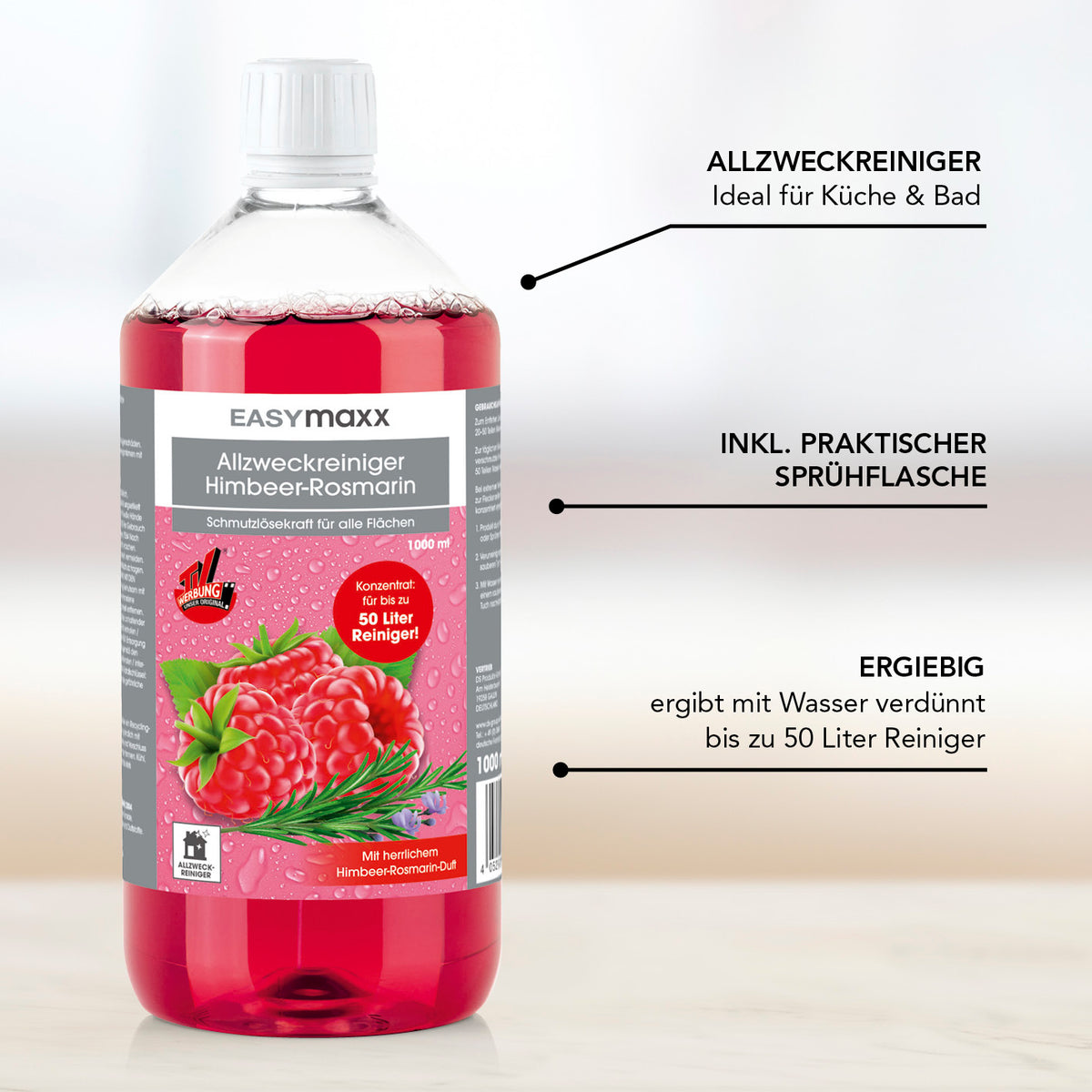 Reinigungsmittel Himbeer-Rosmarin 1000ml inkl. Sprühflasche, ergiebiger Allzweckreiniger für Küche und Bad