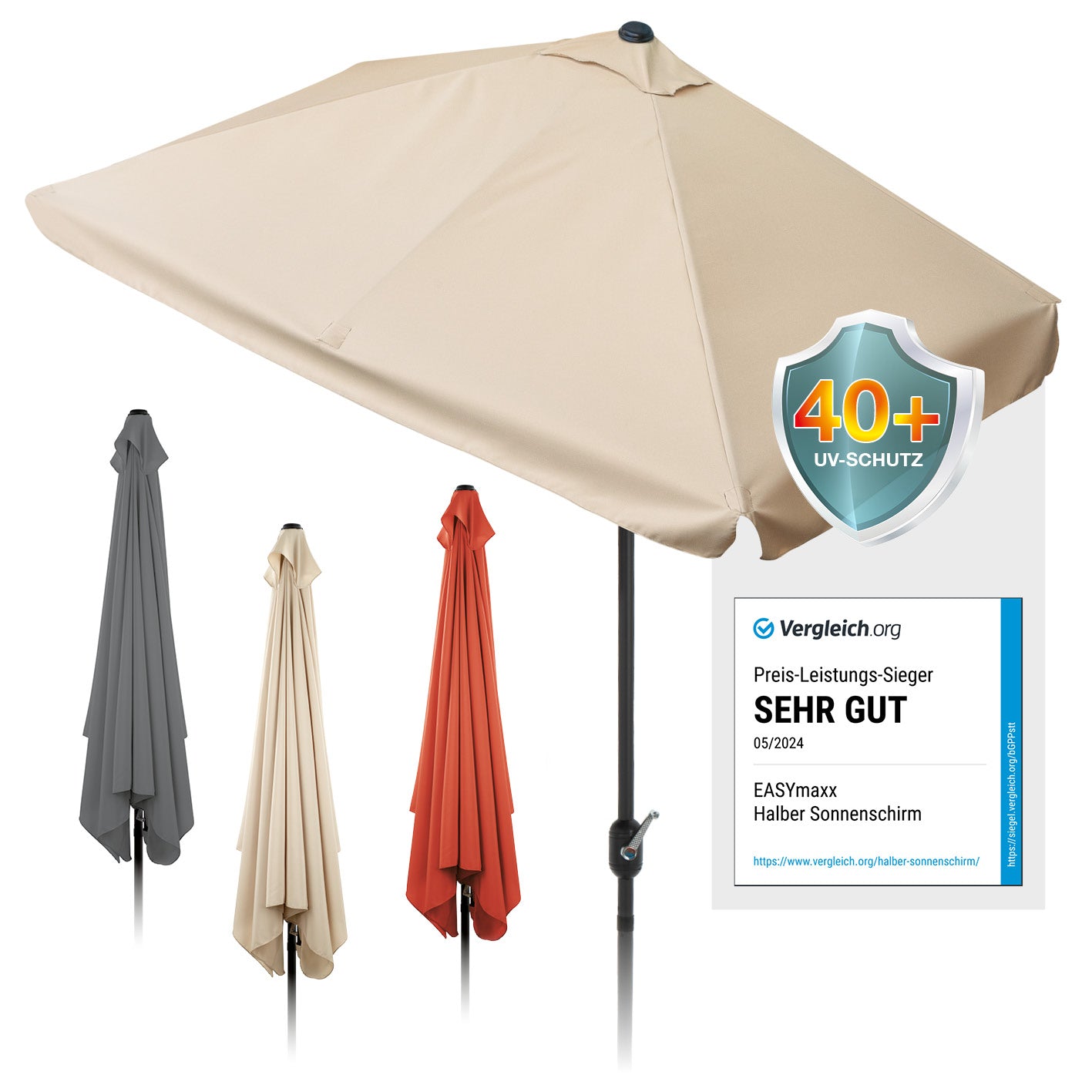 EASYmaxx Sonnenschirm - rechteckig, beige, UV-Schutz 40+, platzsparend, mit Handkurbel, ideal für Balkon und Terrasse