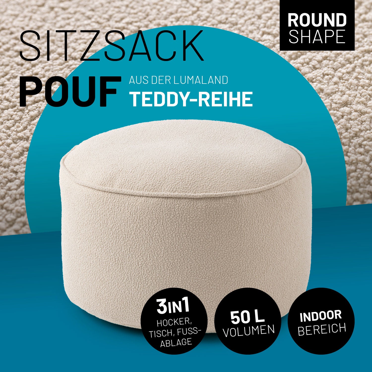 Sitzsack Pouf aus der LUMALAND Teddy-Reihe - Beige