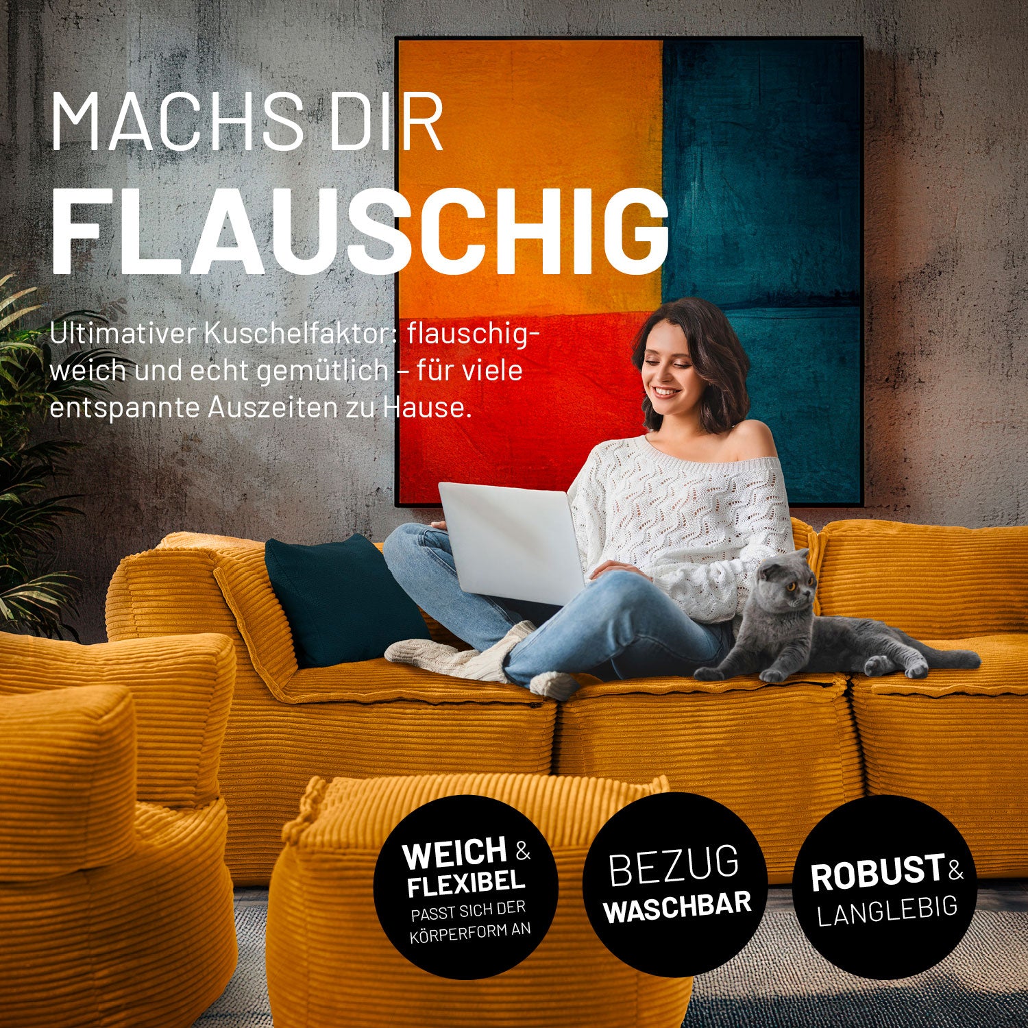 Modulares Basic Set (5-tlg.) aus der Cord-Reihe Senfgelb mit weichem, robustem Bezug und flexiblem Design für modernes Wohnen.