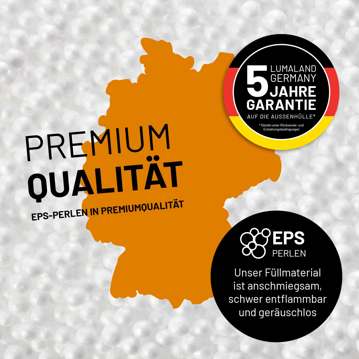 Modulares Basic Set (5-tlg.) aus der Cord-Reihe – Senfgelb mit hochwertigen, schwer entflammbaren EPS-Perlen in Premiumqualität.