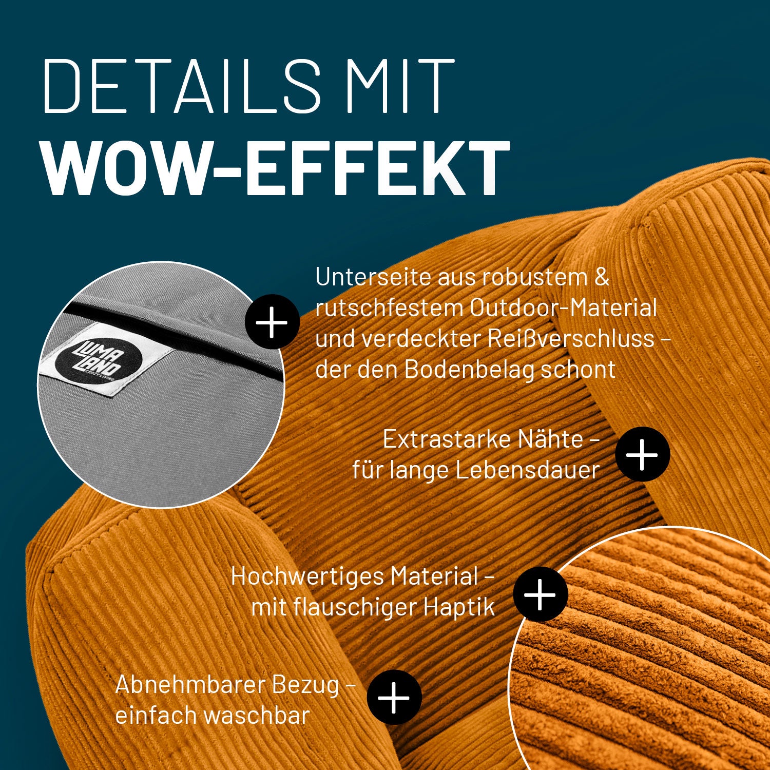 Modulares Basic Set (5-tlg.) Cord-Reihe Senfgelb mit robustem Outdoor-Boden, abnehmbarem Bezug und flauschigem Material für modernen Boho-Look.
