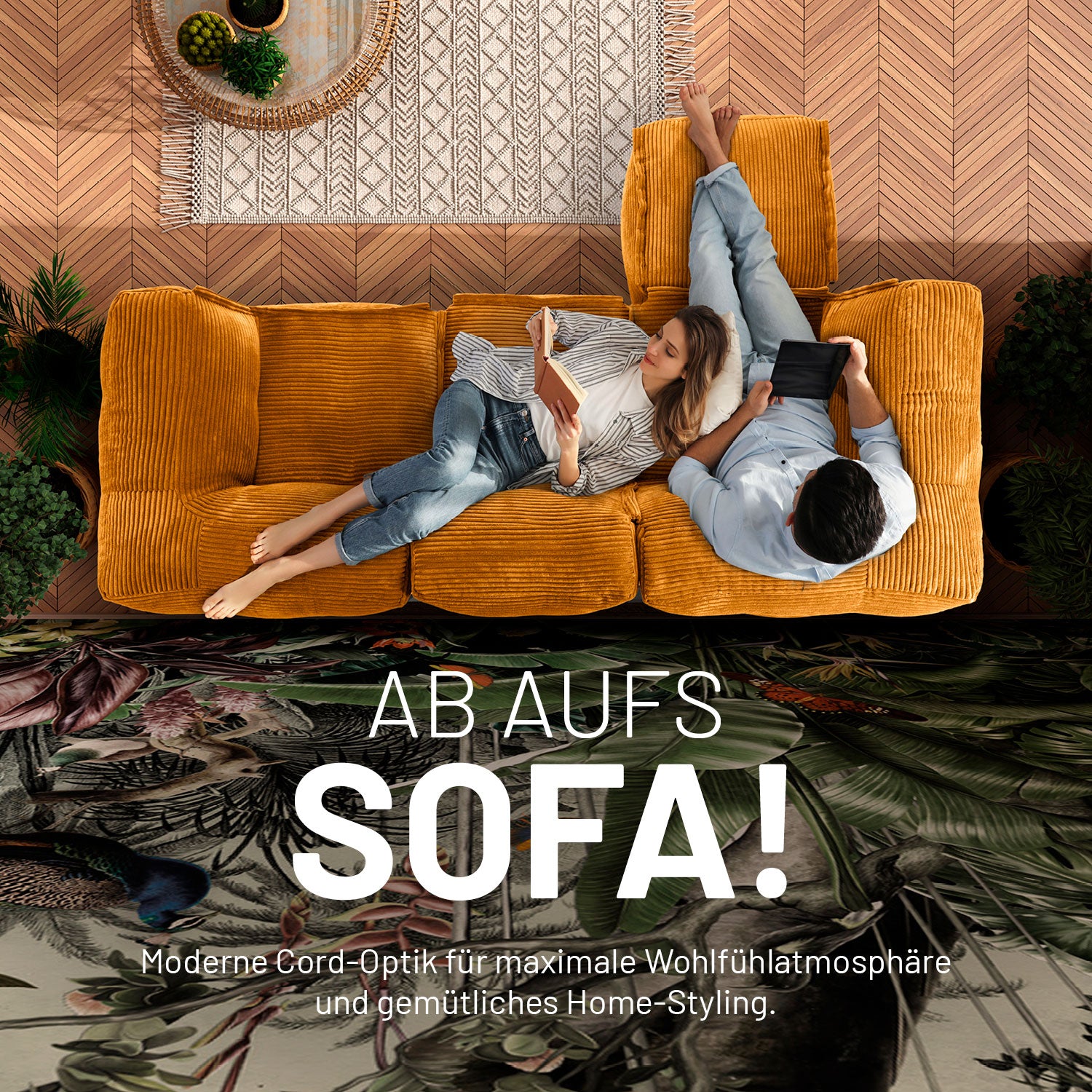 Modulares Basic Set (5-tlg.) aus der Cord-Reihe Senfgelb mit kuscheligem Bezug und robustem Boden für modernes Wohnen und gemütliches Relaxen.