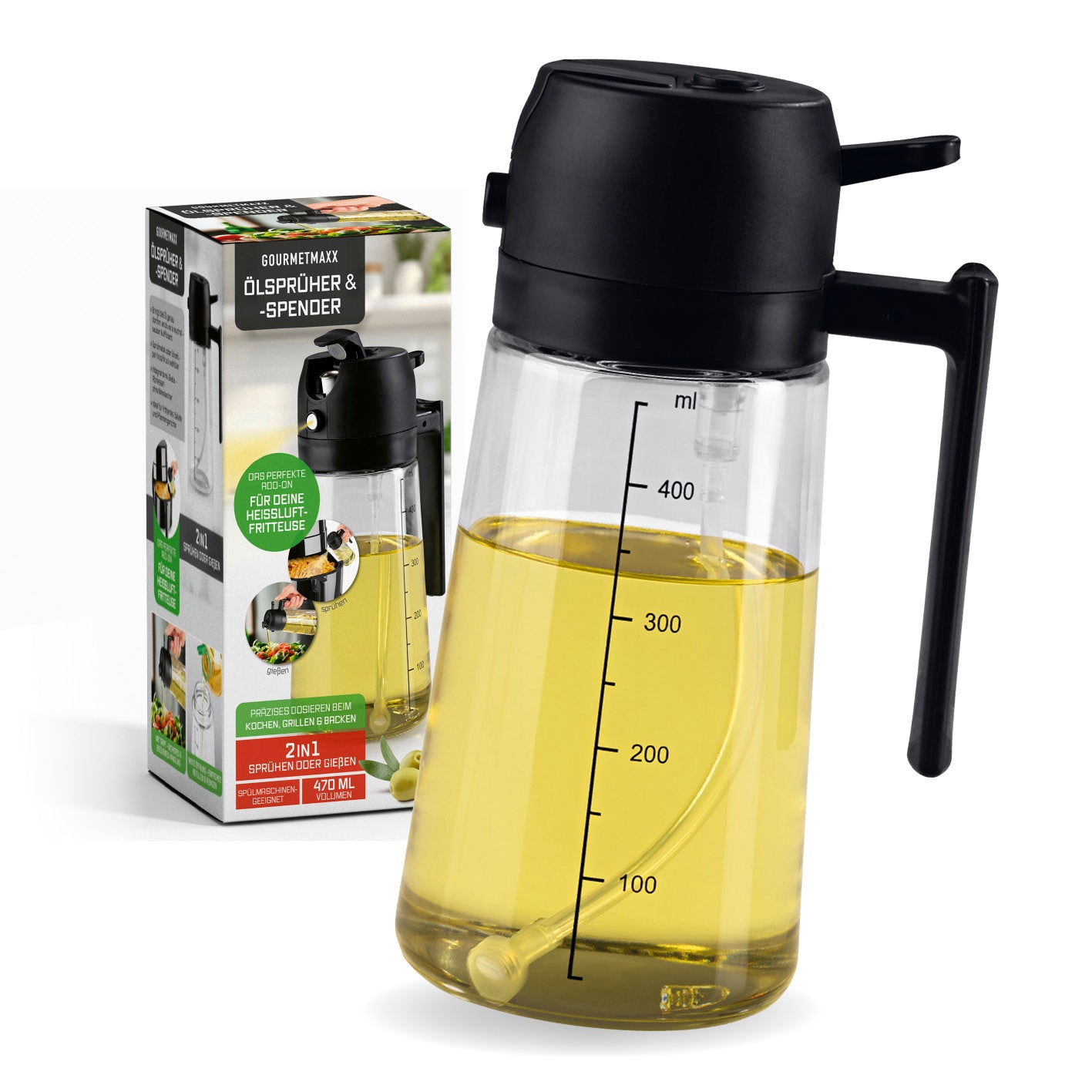 2-in-1 Ölsprüher & -spender – 470 ml mit Skala und Hebel für präzises Dosieren von Öl als Sprühnebel oder Strahl.