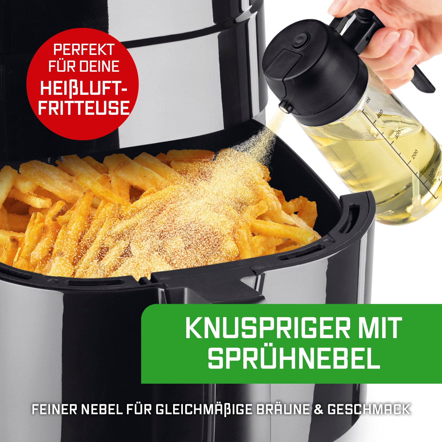 2-in-1 Ölsprüher & -spender – 470 ml mit feinem Sprühnebel für knusprige, gleichmäßig gebräunte Pommes aus der Heißluftfritteuse.