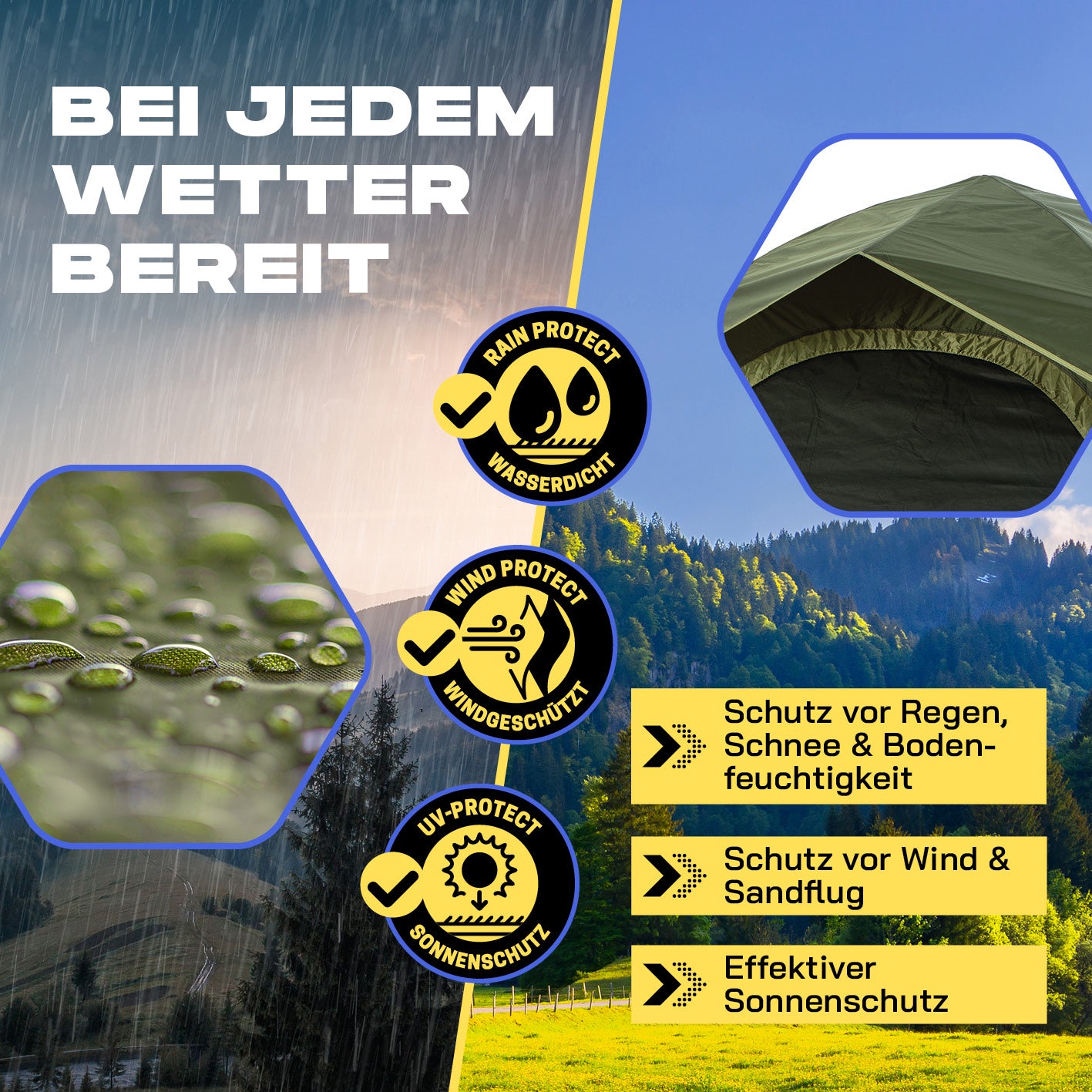 Pop-up-Wurfzelt mit Schutz vor Regen, Schnee, Bodenfeuchtigkeit, Wind, Sandflug und effektivem Sonnenschutz für alle Wetterlagen.