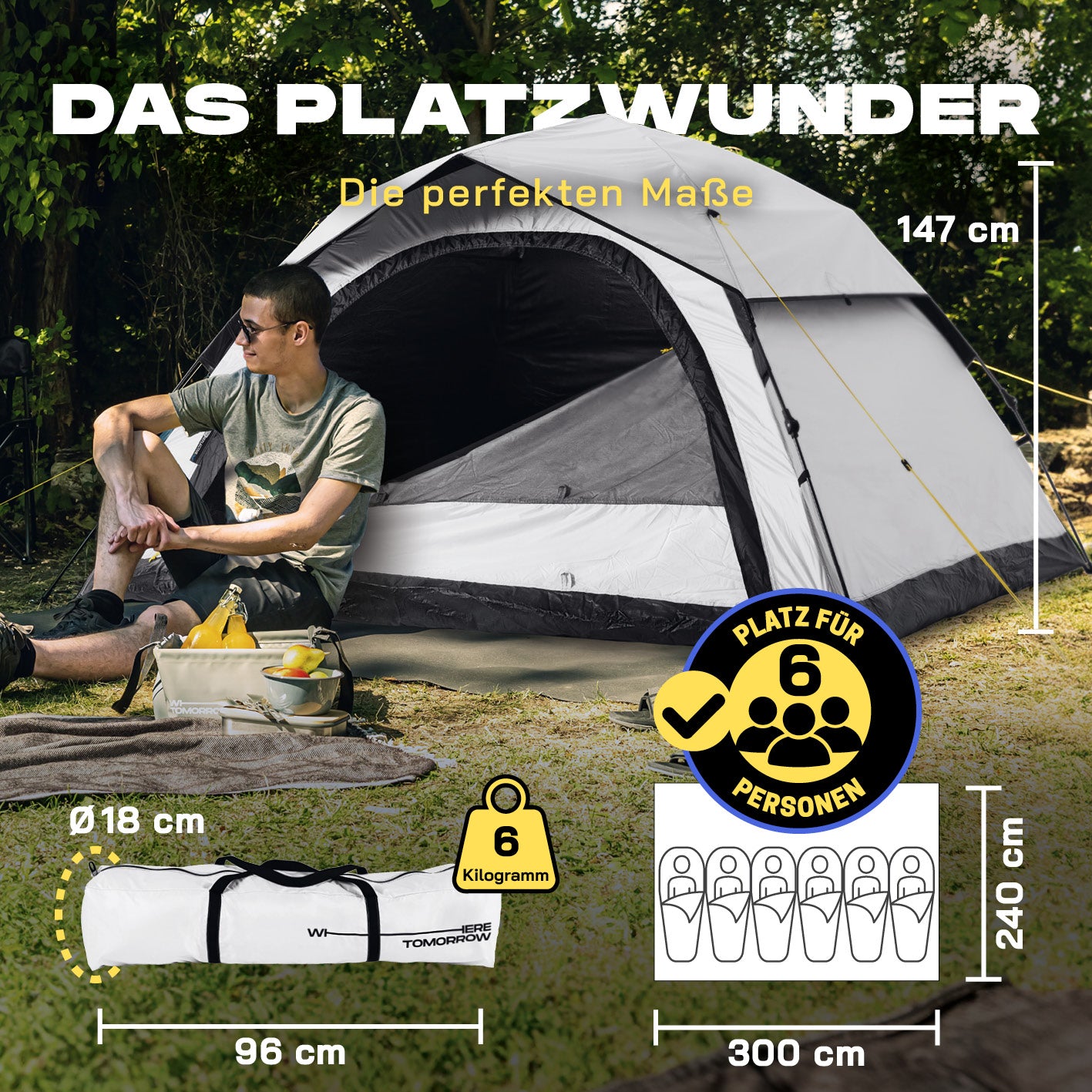 Pop-up-Wurfzelt mit Kühl- & Verdunklungseffekt, groß genug für 6 Personen, leichte Maße und einfaches Aufstellen.