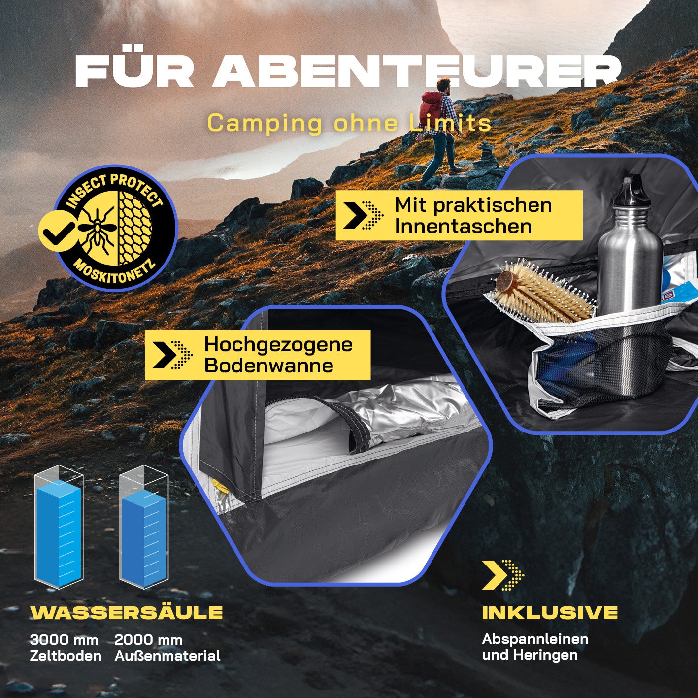 Pop-up-Wurfzelt mit Kühl- & Verdunklungseffekt auf Berg mit praktischen Innentaschen und hochgezogener Bodenwanne für Abenteuer-Camping.