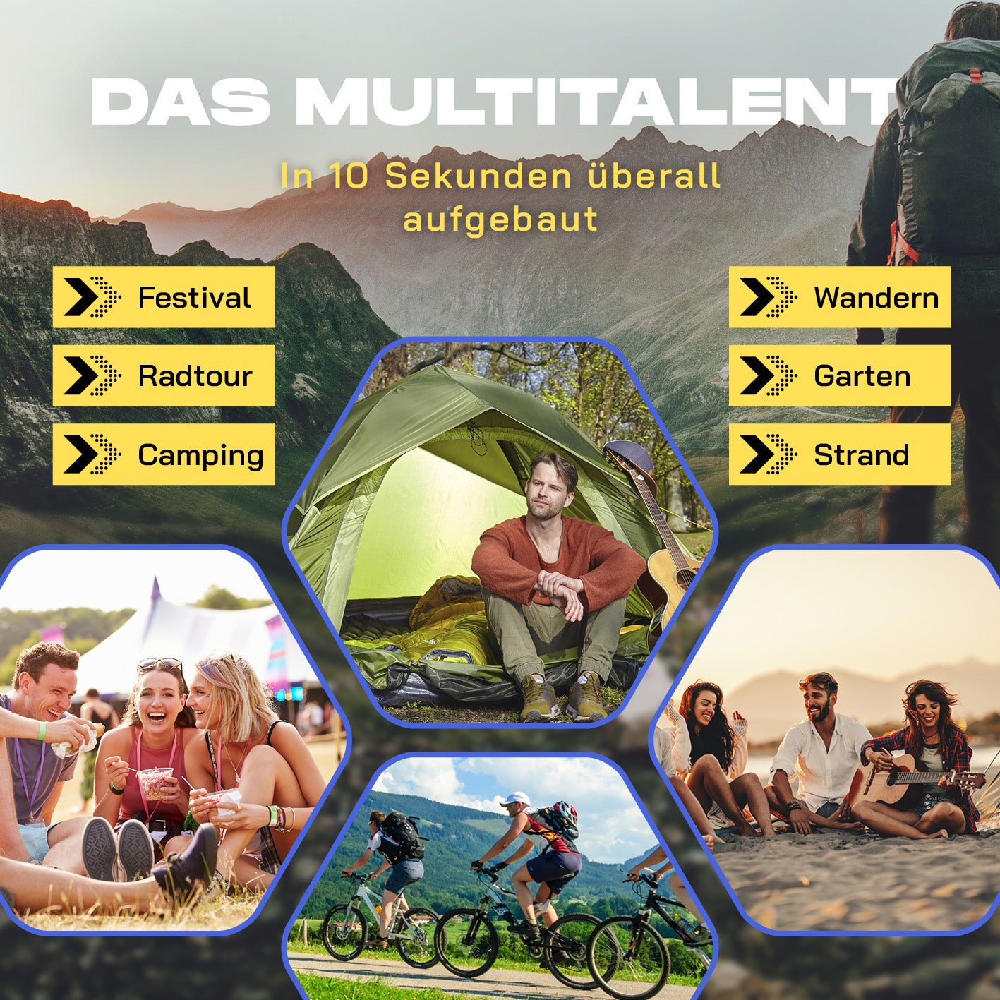 Pop-up-Wurfzelt mit Kühl- & Verdunklungseffekt zeigt vielseitige Nutzung beim Camping, Festival, Radtour, Wandern, Garten und Strand.