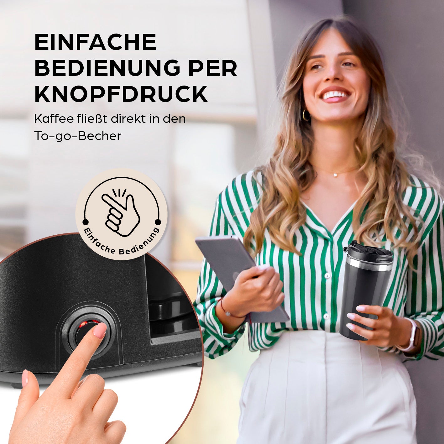 Single-Kaffeemaschine - 450 W mit einfacher Bedienung per Knopfdruck, Kaffee fließt direkt in den To-go-Becher, Galerieposition 3, quadratisch.