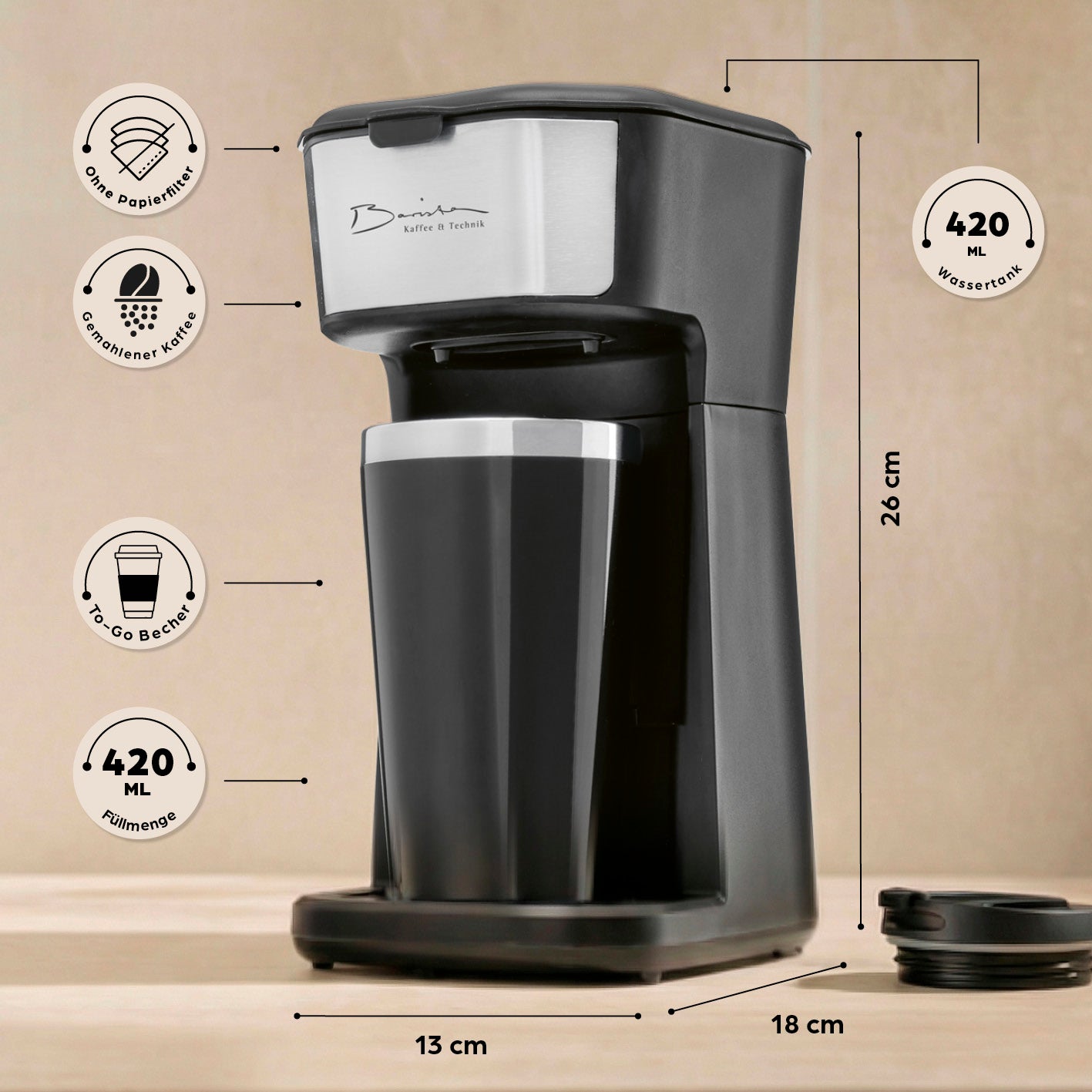 Single-Kaffeemaschine - 450 W mit 420 ml Wassertank, To-Go-Becher und kompakten Maßen, Galerieposition 5 quadratisch.