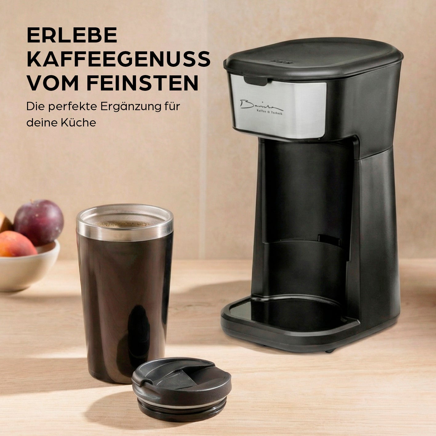 Single-Kaffeemaschine - 450 W in quadratischem Bild, mit to-go-Becher und abnehmbarem Deckel, Galerieposition 6, 1417x1417px.