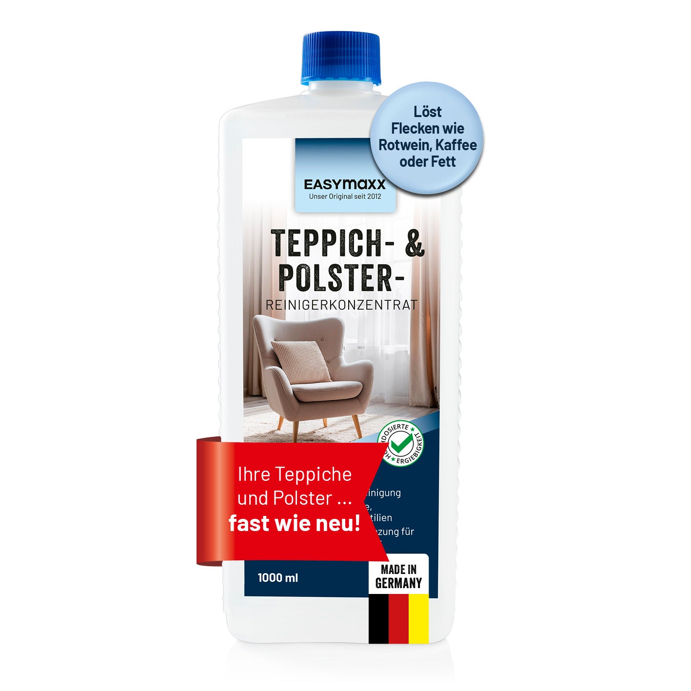 Teppich- & Polsterreiniger-Konzentrat - 1 Liter, stark gegen Flecken, schonend zu Textilien, Made in Germany, für Teppiche und Polster.