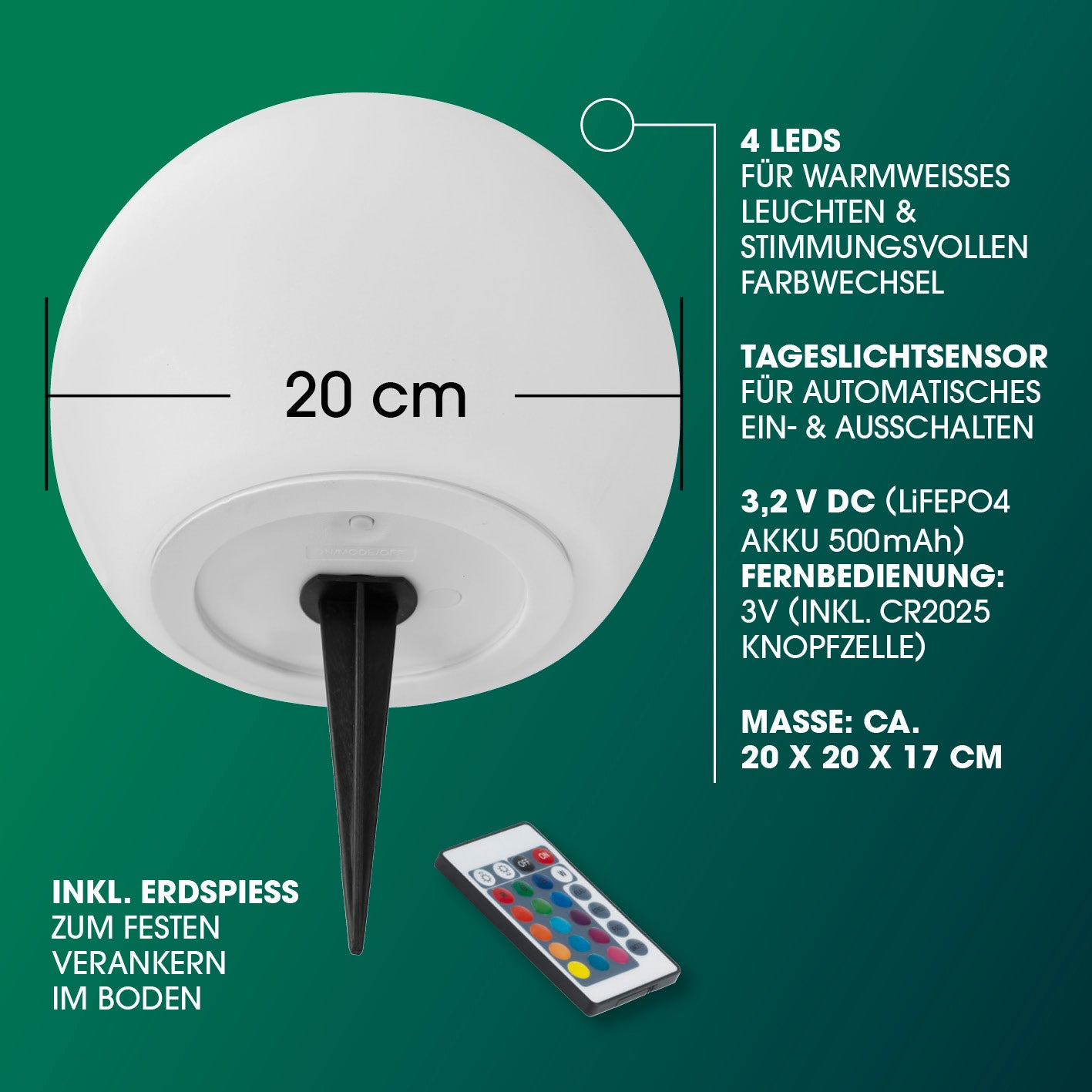 Solarleuchte Kugel - 20 cm mit Erdspieß, Fernbedienung und RGBW-LEDs für warmweißes Licht und Farbwechsel, Galerieposition 8 quadratisch