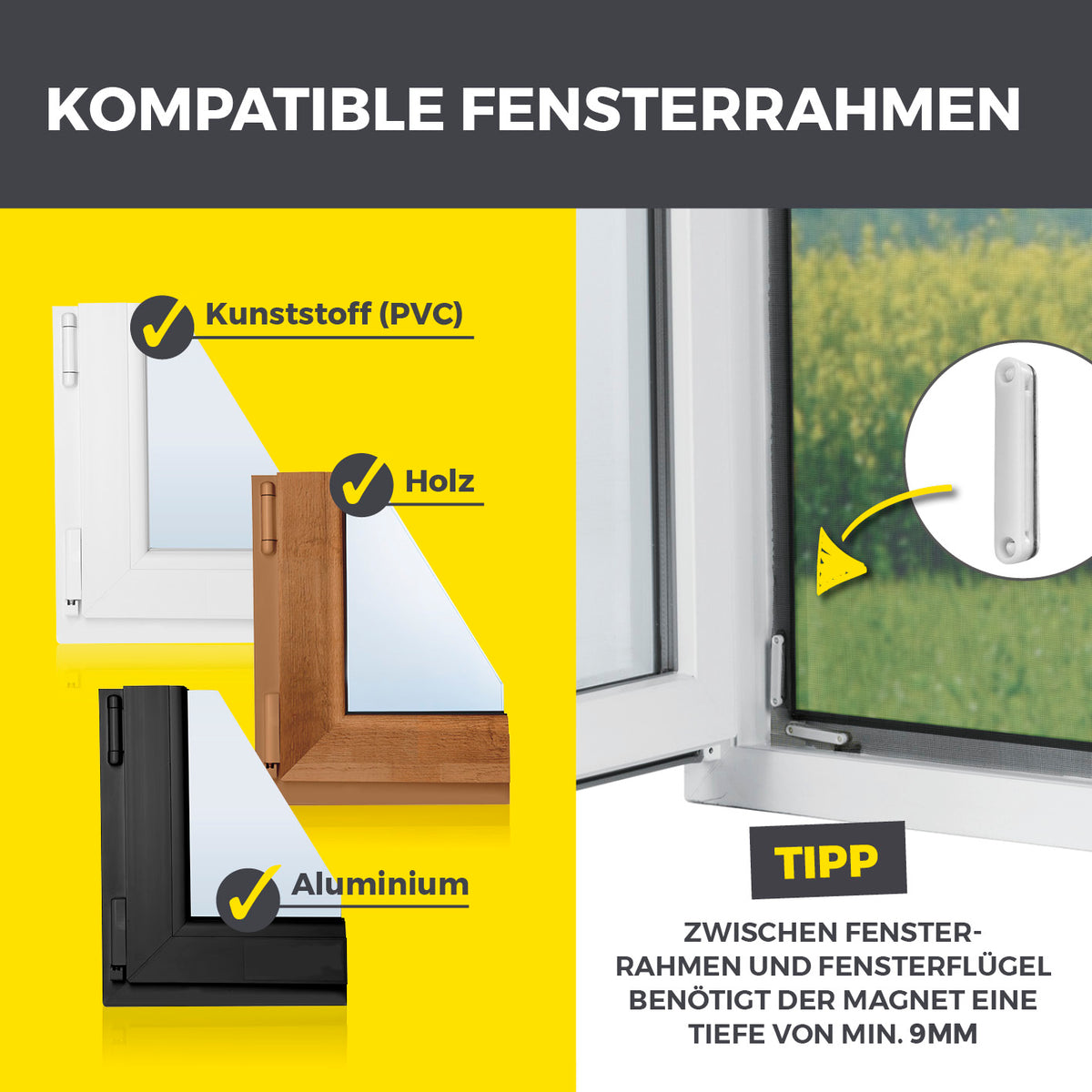 Kompatibilitätsgrafik für Kunststoff Holz und Aluminium Fensterrahmen Magnet-Set für EASYmaxx Insect Protect Insektenschutzgitter - 48 Stück