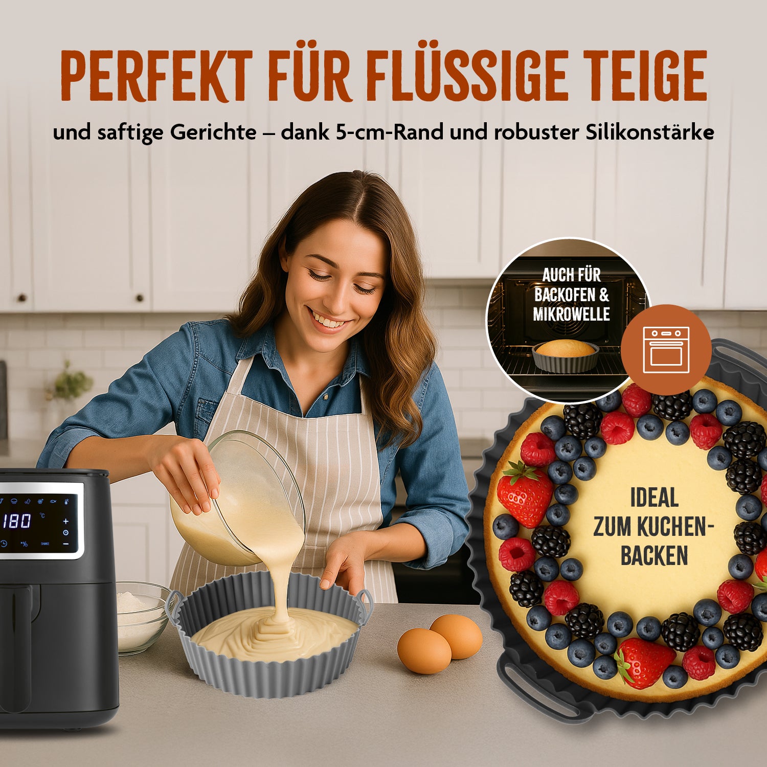 Silikonformfür Heißluft-Fritteusen - Rund - 20x20x6,3cm ideal für flüssige Teige, Backofen und Mikrowelle, backfest und robust.