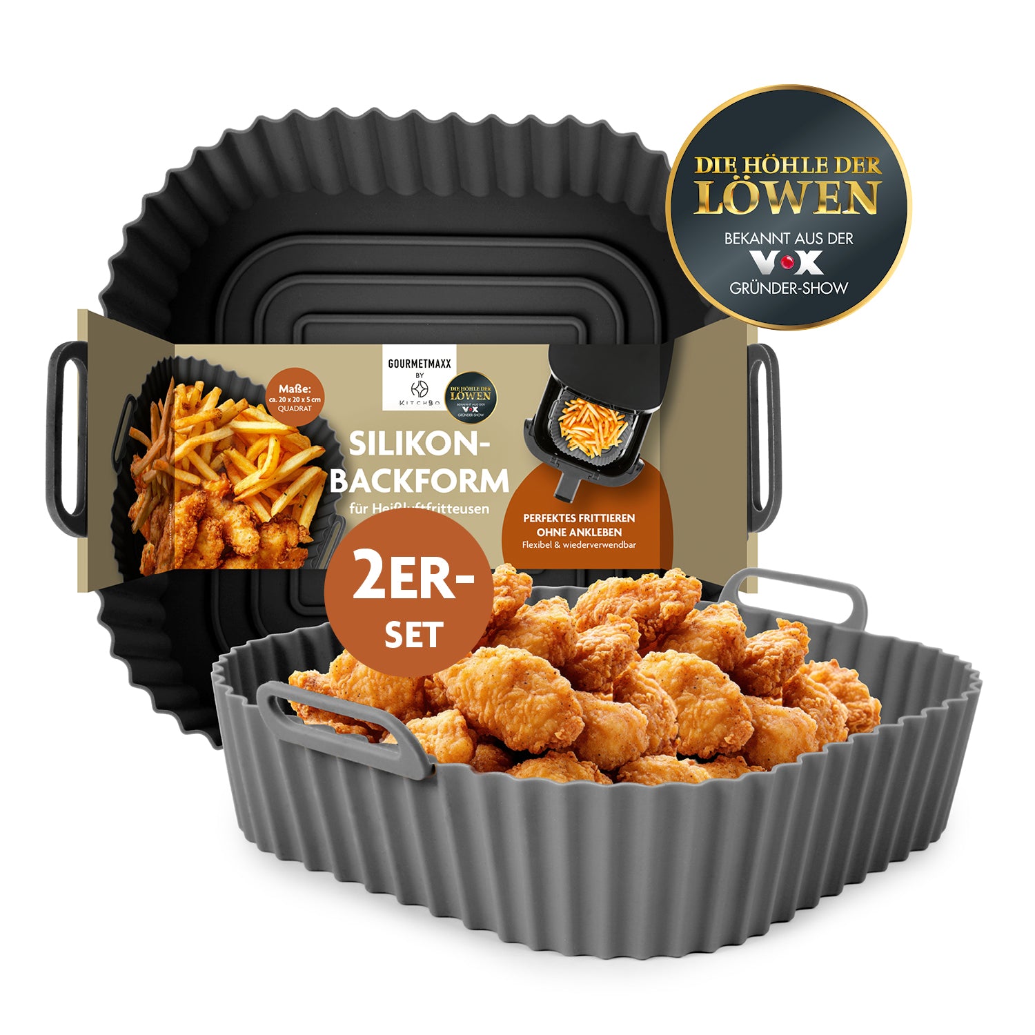 Silikonform für Heißluft-Fritteusen - quadratisch - 20x20x6,3cm, 2er Set, vielseitig für schonendes Garen und Servieren.