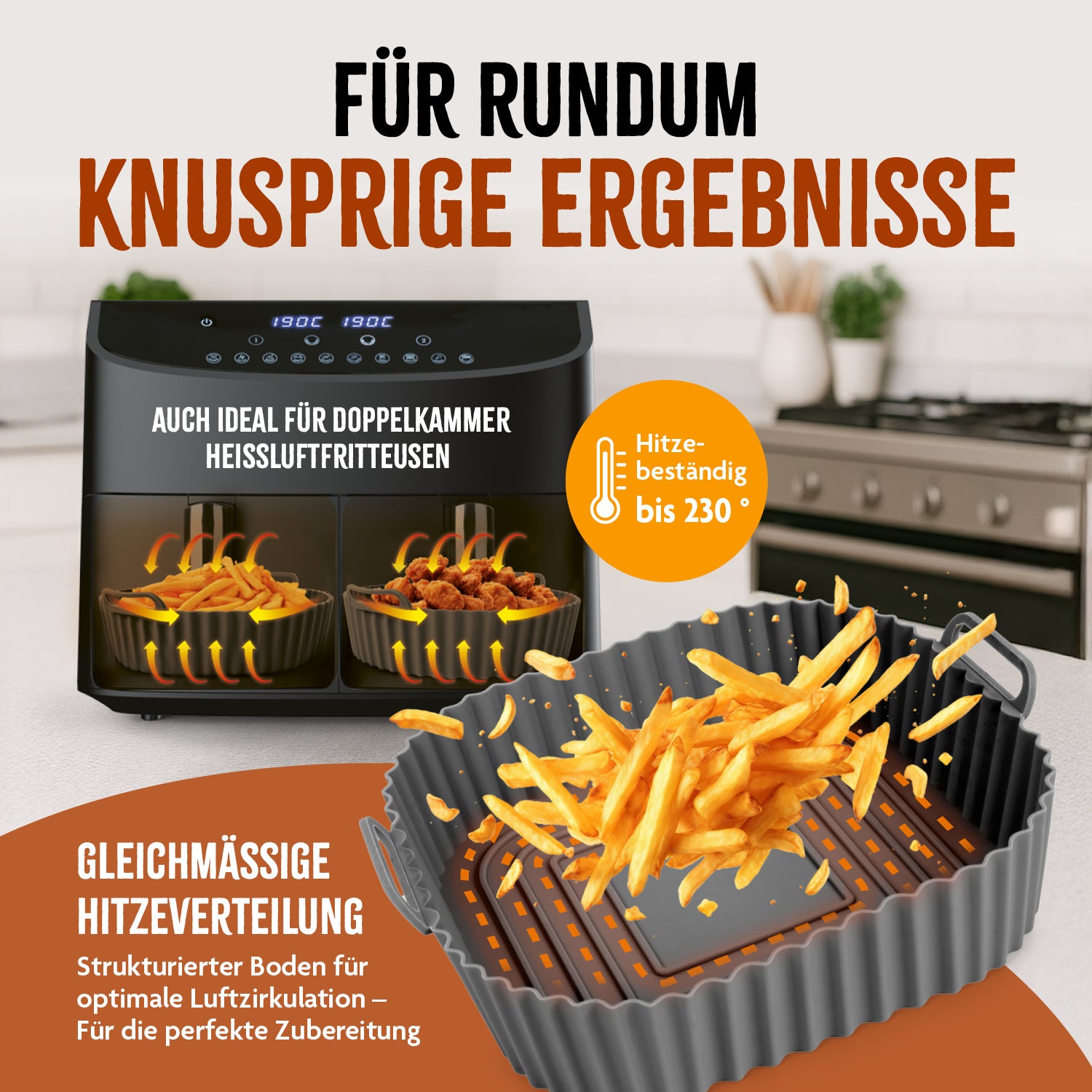 Silikonform für Heißluft-Fritteusen - quadratisch - 20x20x6,3cm mit strukturierter Oberfläche für gleichmäßige Hitzeverteilung und knusprige Ergebnisse