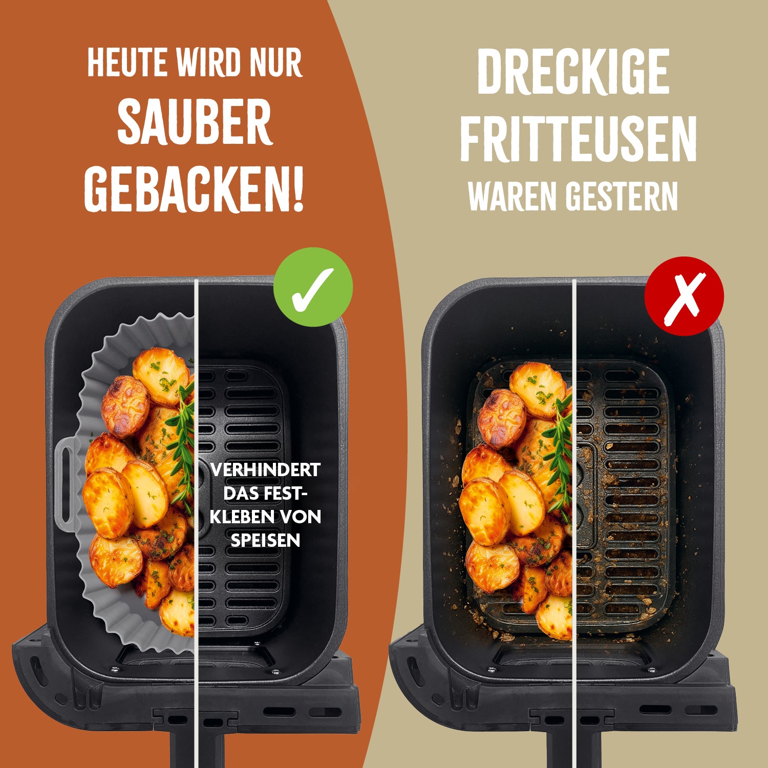 Vergleich sauberer und schmutziger Fritteuse mit Silikonform für Heißluft-Fritteusen - quadratisch - 20x20x6,3cm im Einsatz