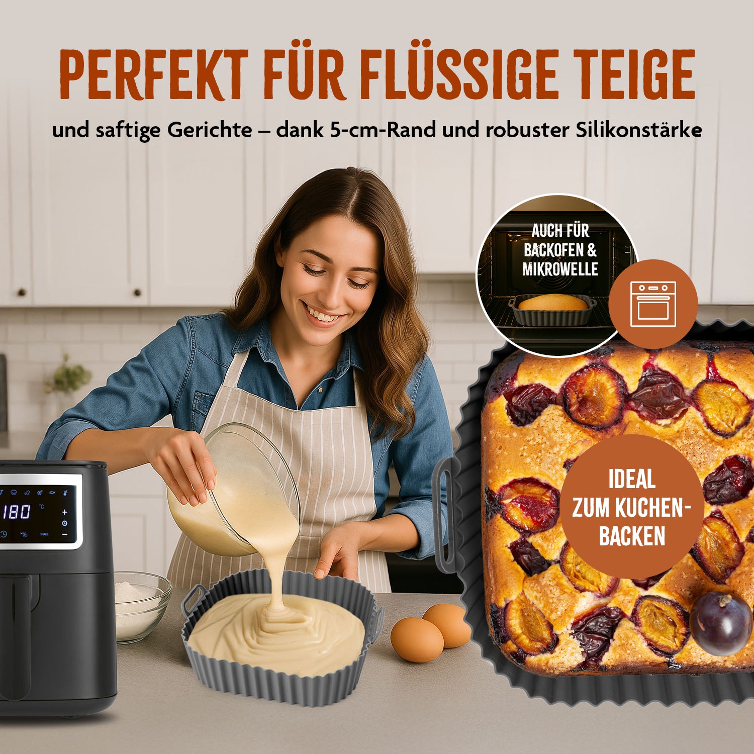 Silikonform für Heißluft-Fritteusen - quadratisch - 20x20x6,3cm zum Backen mit 5-cm-Rand und hitzebeständig für Ofen und Mikrowelle