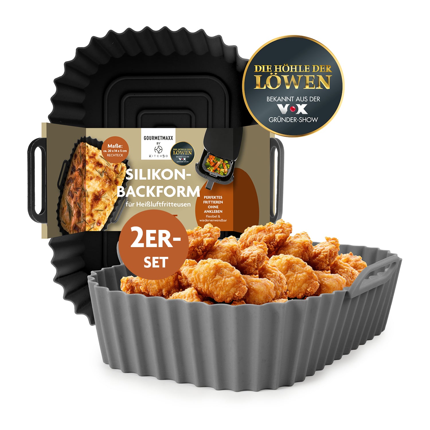 Silikonform für Heißluft-Fritteusen - 20x15x6,3cm, 2er Set flexible Körbe zum Garen und Servieren von knusprigen Speisen.