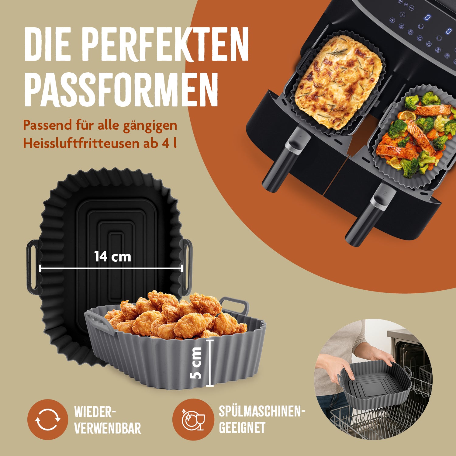 Silikonform für Heißluft-Fritteusen - 20x15x6,3cm, wiederverwendbar, spülmaschinengeeignet, passend für Heißluftfritteusen ab 4 Litern.