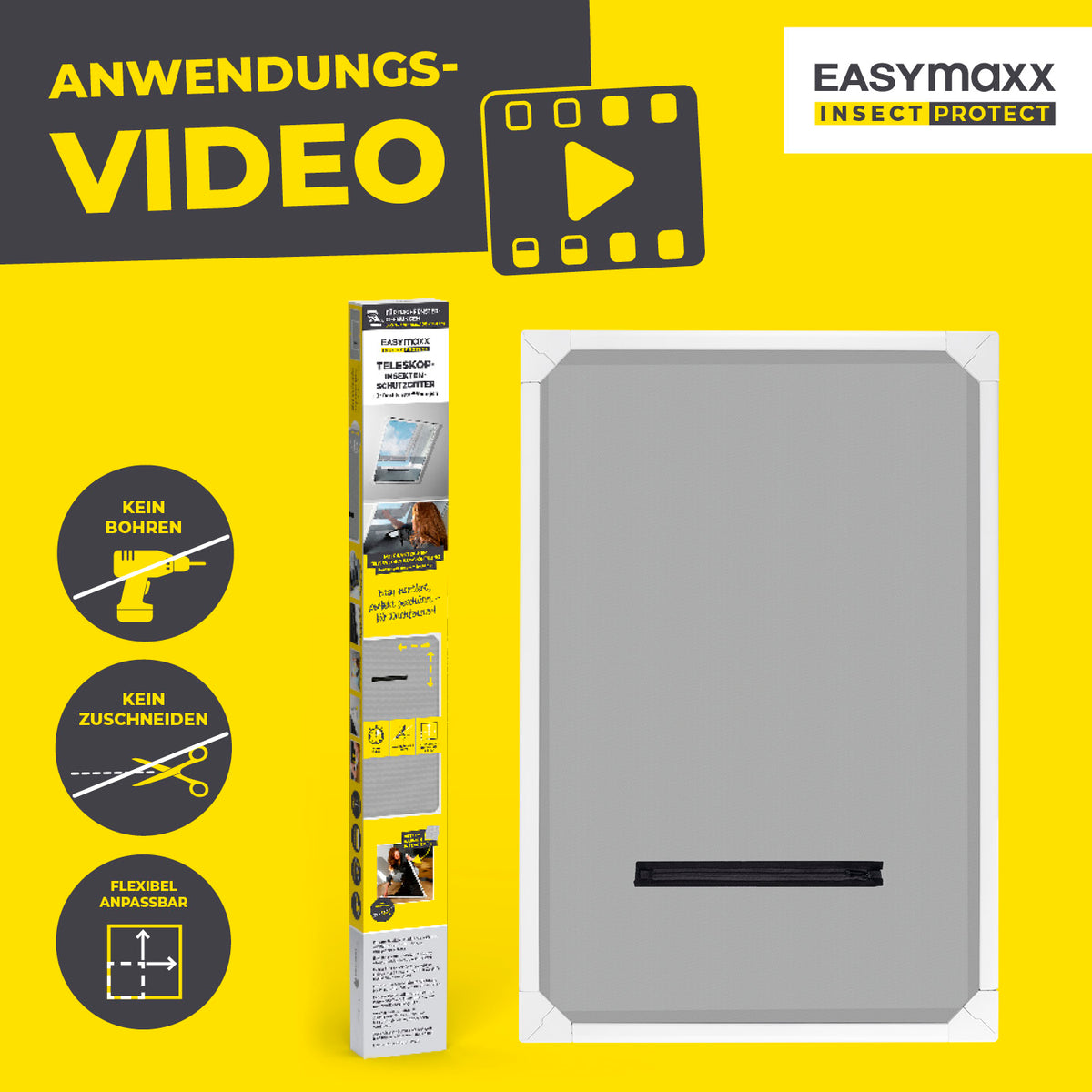 Teleskop-Insektenschutzgitter für Dachfenster - 4er-Set mit Anwendungsvideo und Produktabbildung