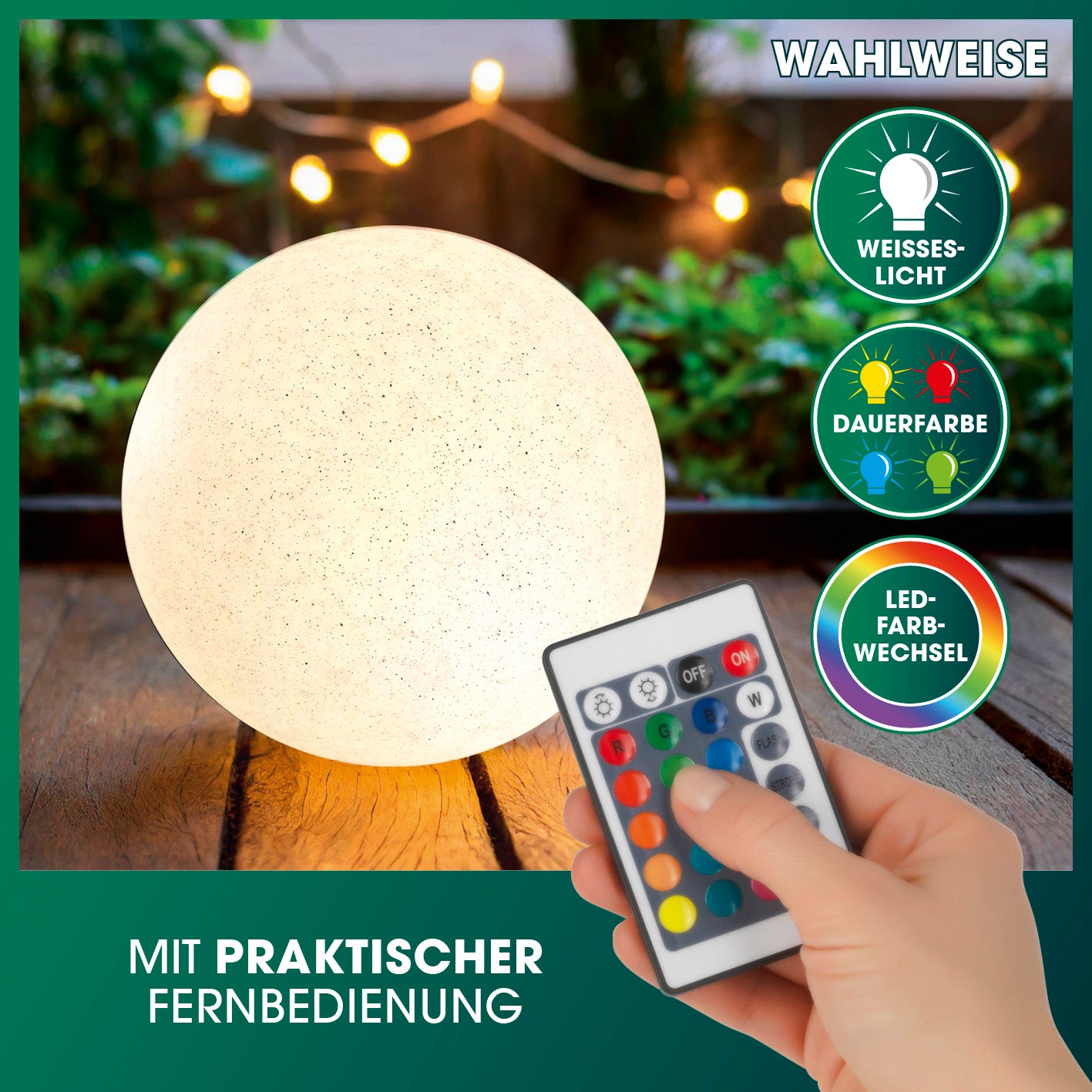 Solar-Dekostein mit Fernbedienung & Farbwechsel - 2er-Set, handgehaltene Fernbedienung vor beleuchtetem Dekostein in Galeriebild 5