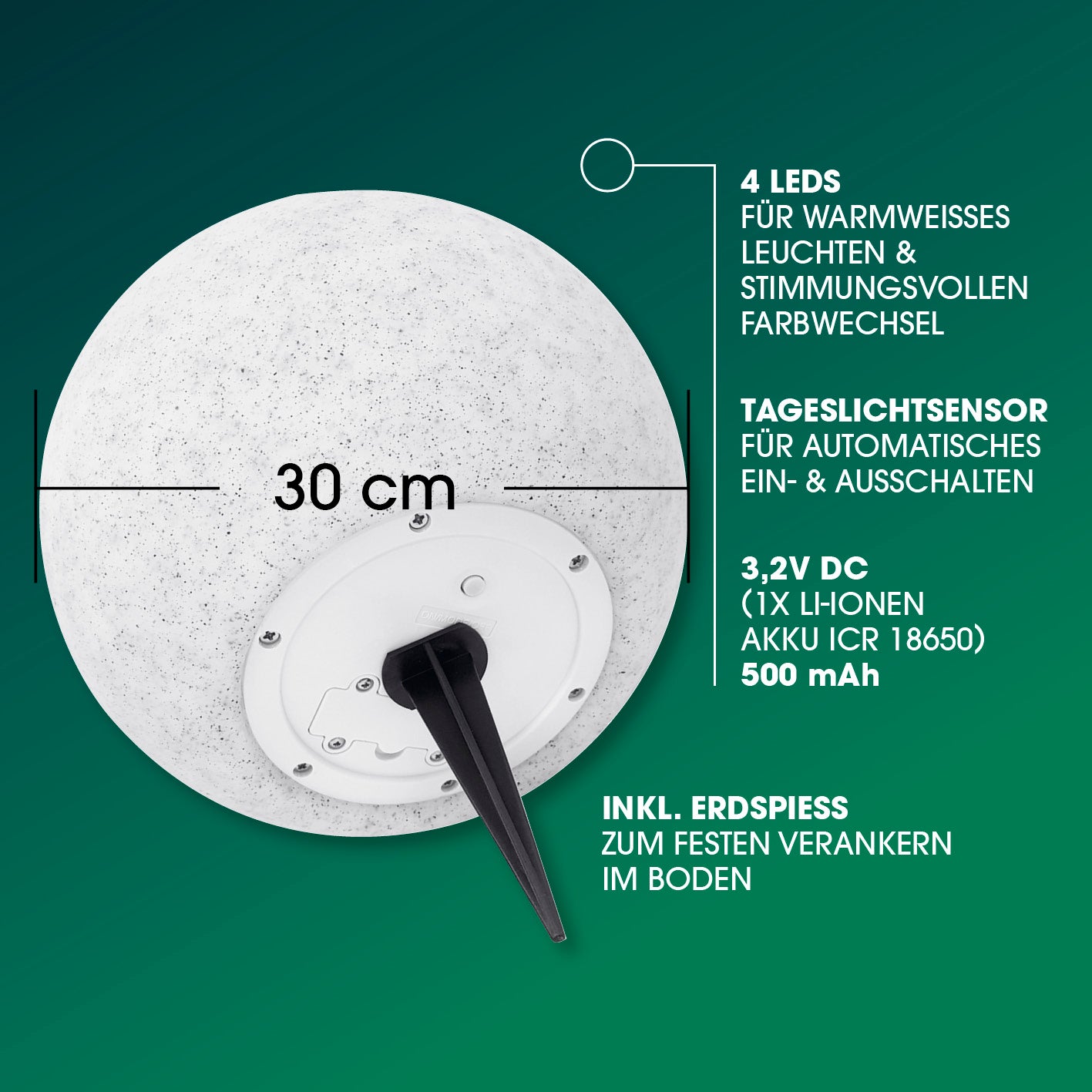 Solar-Dekostein mit Fernbedienung & Farbwechsel - 2er-Set, weiße Solarleuchte mit Erdspieß, 30 cm Durchmesser, RGBW LED, Tageslichtsensor, Galerie 7