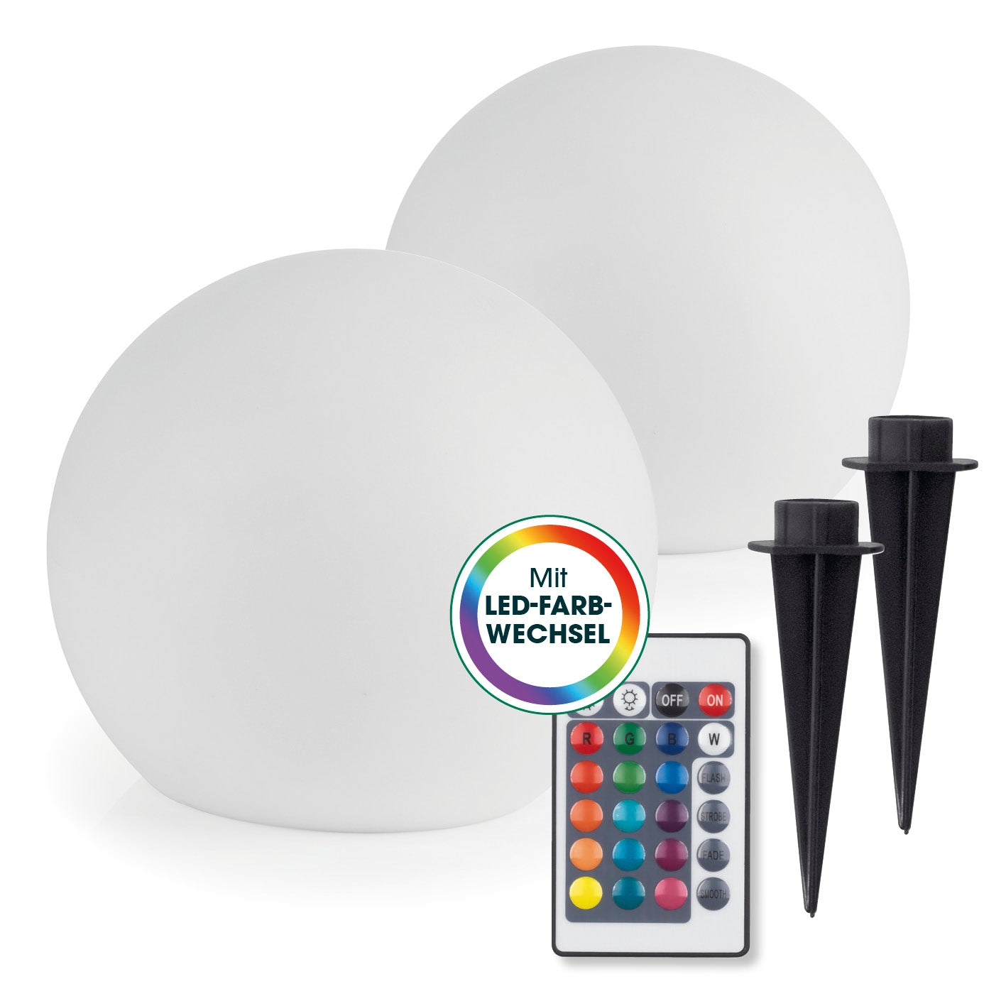 Solarleuchte Kugel - 40 cm - 2er-Set mit Fernbedienung, RGBW LED-Farbwechsel, quadratische Galerieansicht, 1417x1417px