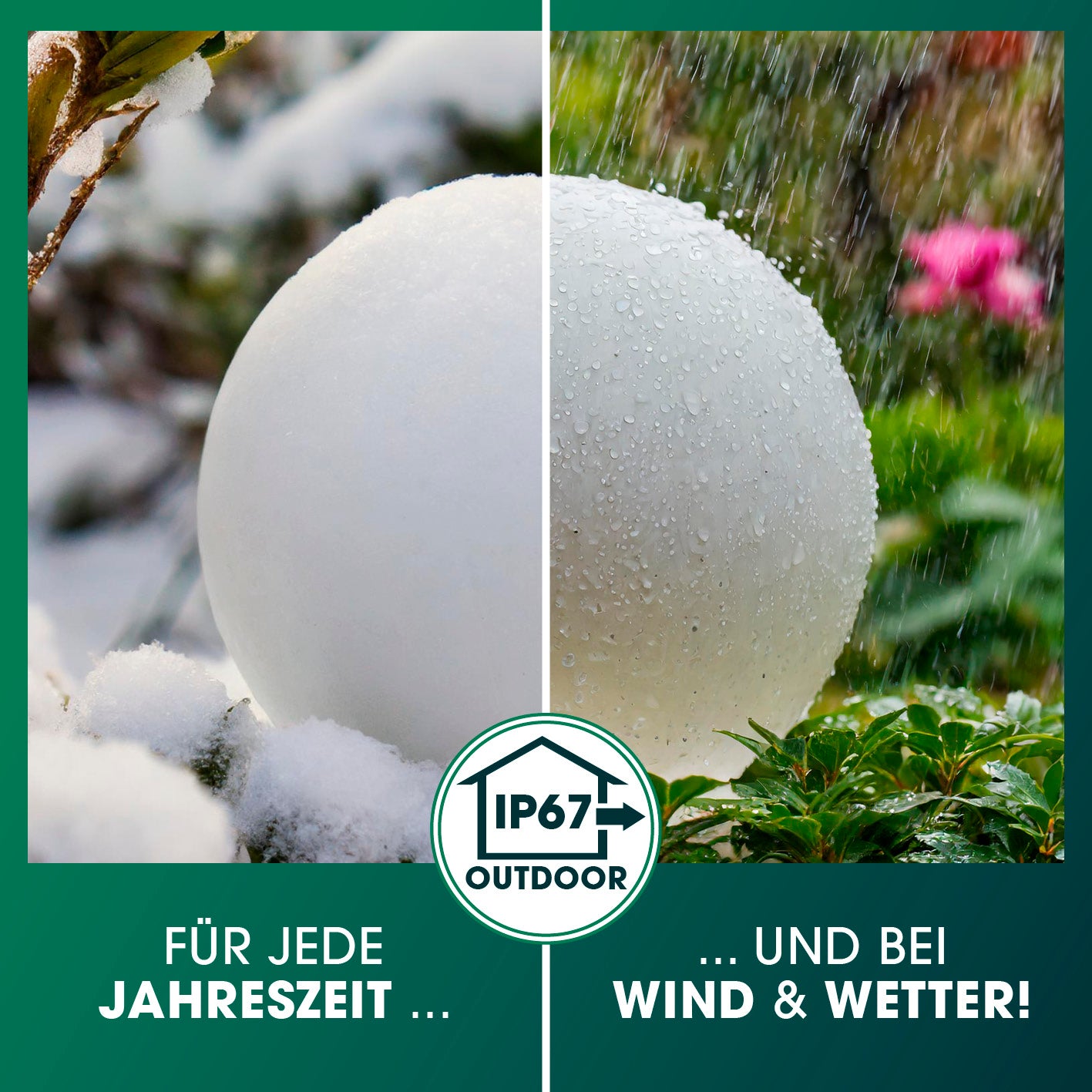 Solarleuchte Kugel - 20 cm - 2er-Set zeigt Wetterfestigkeit mit Schneedecke und Regentropfen in quadratischem Bild 1417x1417px