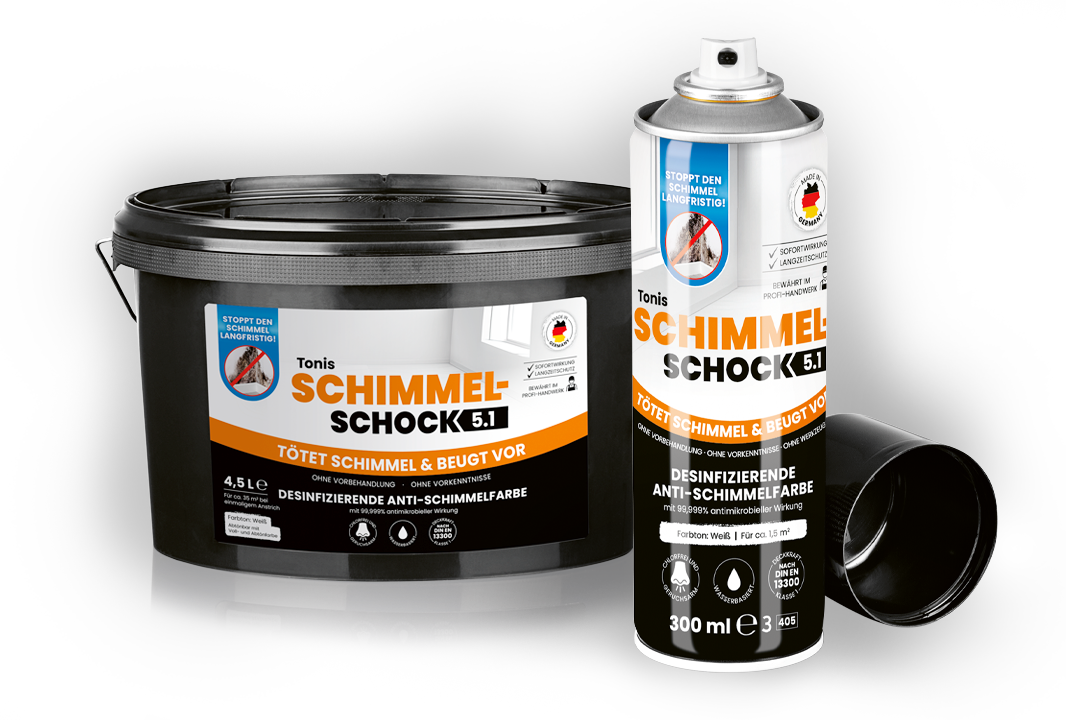 Tonis Schimmelschock Anti-Schimmelfarbe als Eimer und als Spraydose.